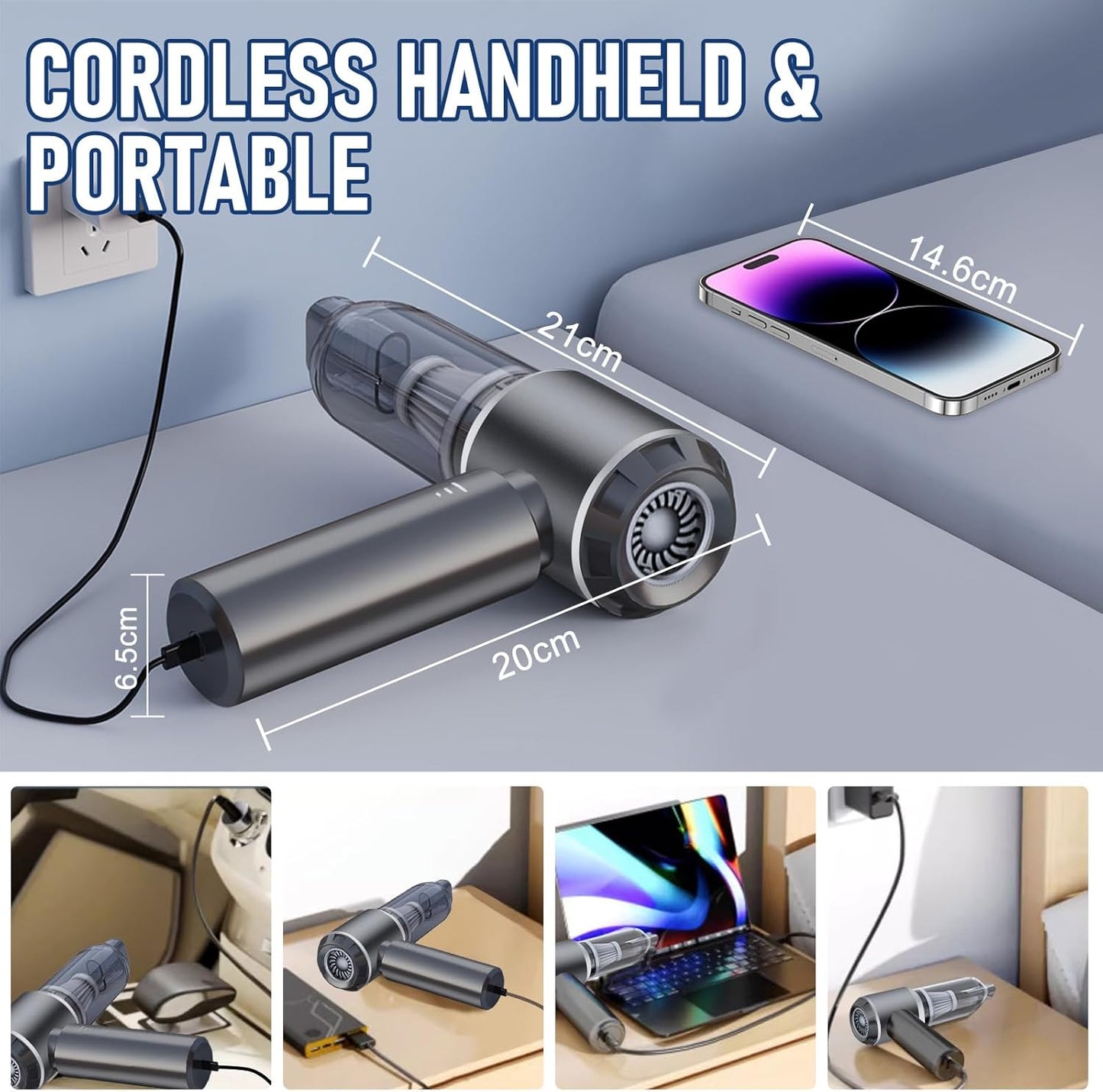 Car Vacuum Portable Cordless 20000PA High power Mini Vacuum Cleaner 4-in-1 Compressed Air Duster & Air Blower & Pump Hand Held Vacuum with Brushless Motor for Car, Home, Office,Camping (Silver)