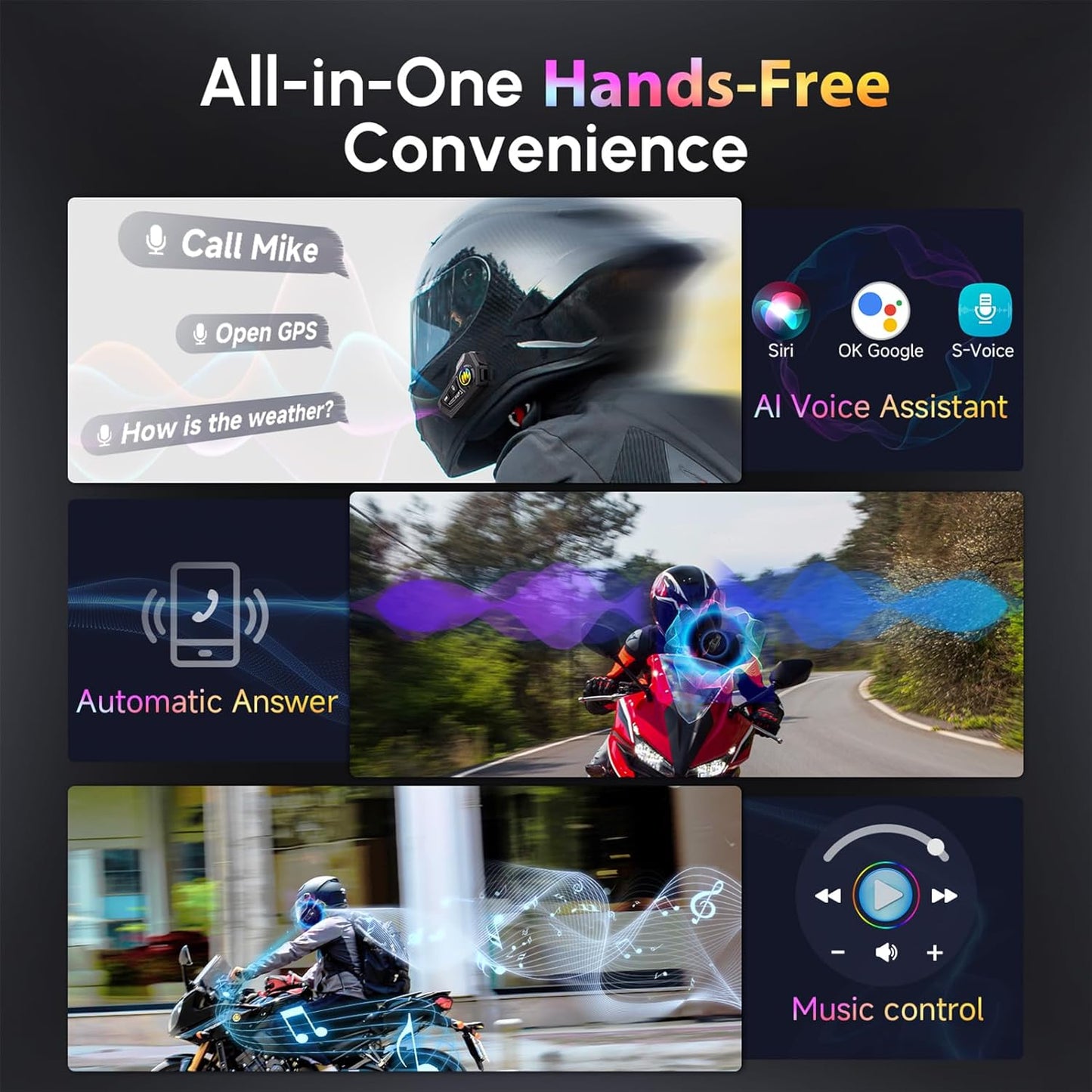 Motorcycle Helmet Headset, Moman RS-H4P Motorbike Headphone with Hi-Fi Speakers Dual Noise Reduction【New Upgrade】in RGB/FM/Glove-Friendly Button/Soft & Hard Mic/AI Voice/IPX6 Earphone for Solo Riding