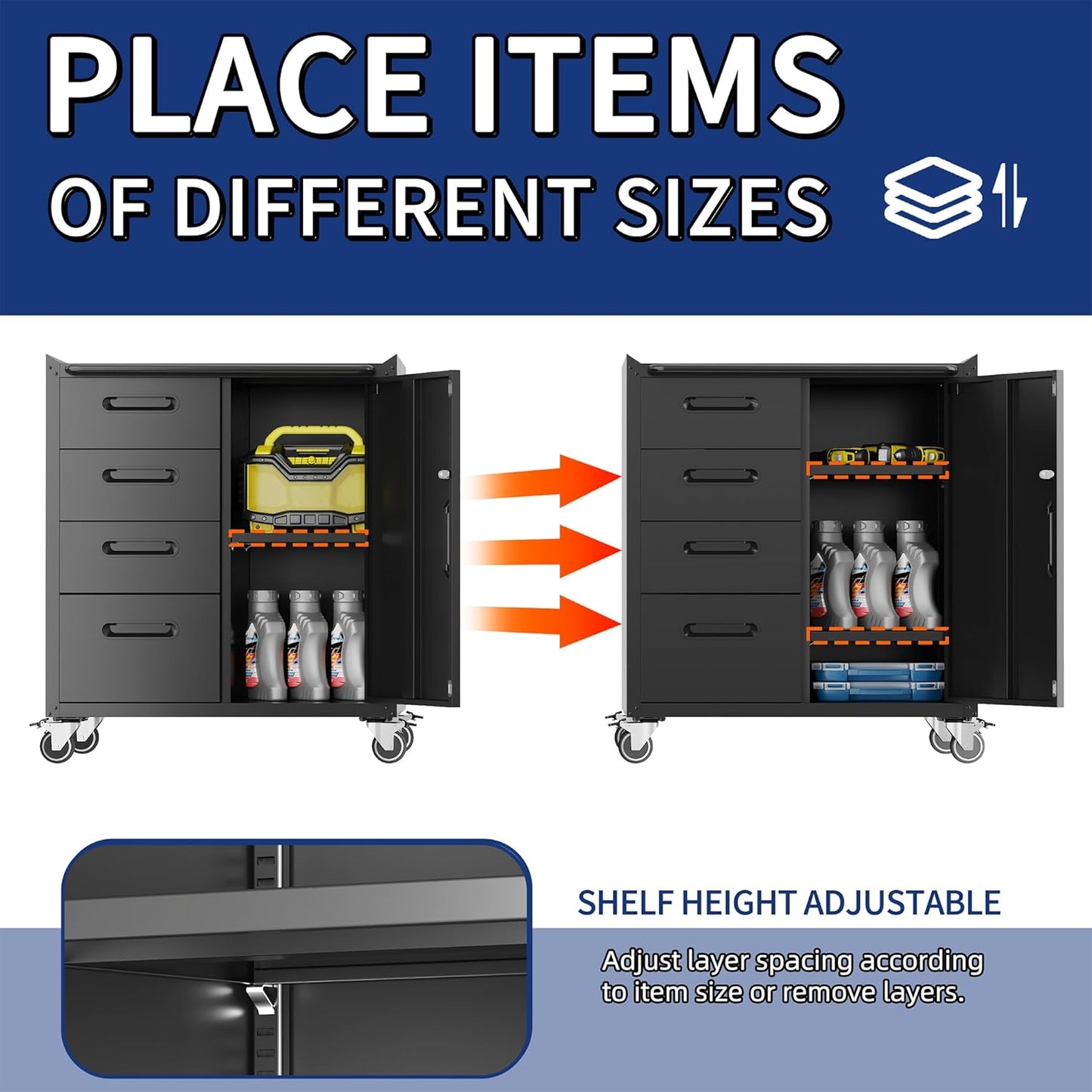 Metal Tool Cabinet,Garage Storage Cabinet System,Wall Cabinet & Locking Rolling Tool Cabinet with Doors and Adjustable Shelves,Steel Tool Cabinets for Home,Office (2 Pcs-StyleF, Black)