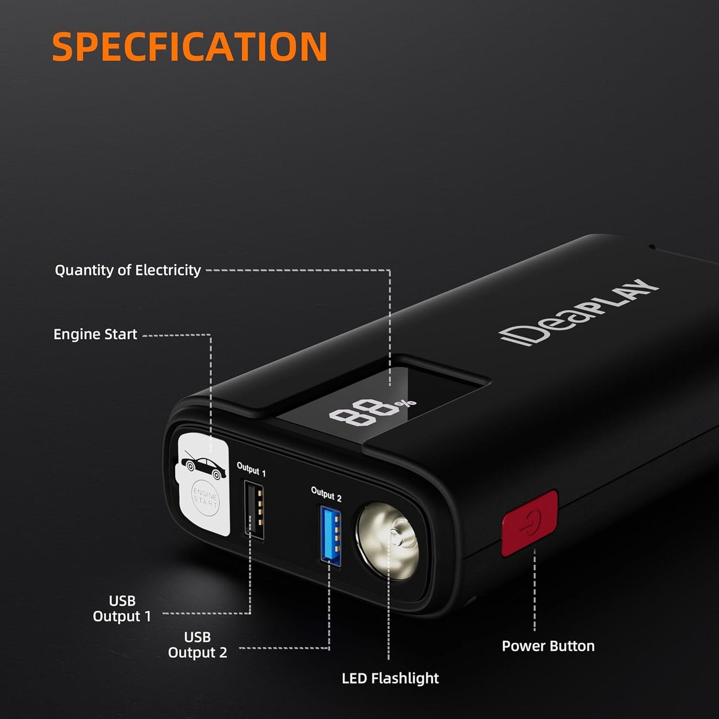 IDEAPLAY J10 Jump Starter, 2000A 12V Car Battery Jump Starter Portable for Up to 8.0L Gas and 7.0L Diesel Engine, Jump Box with Jumper Cables, Type C Fast Charging Battery Jumper with LED Flashlight