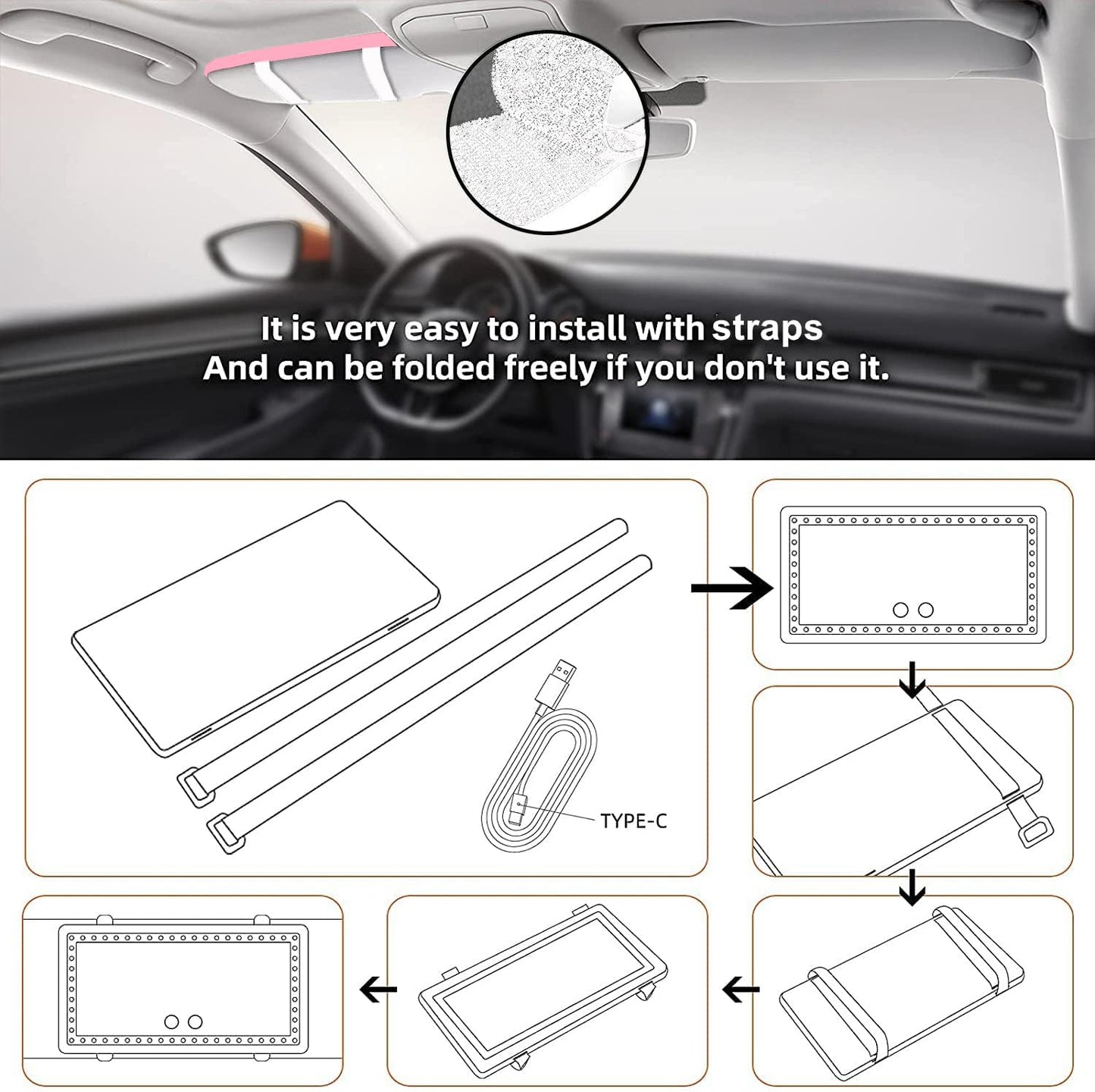 Car Sun Visor Vanity Mirror with 3 Light Modes & 80 LEDs - Dimmable Clip-on Rear View Sun-Shading Cosmetic Mirror with Touch on Screen, Universal for Truck SUV (Pink)