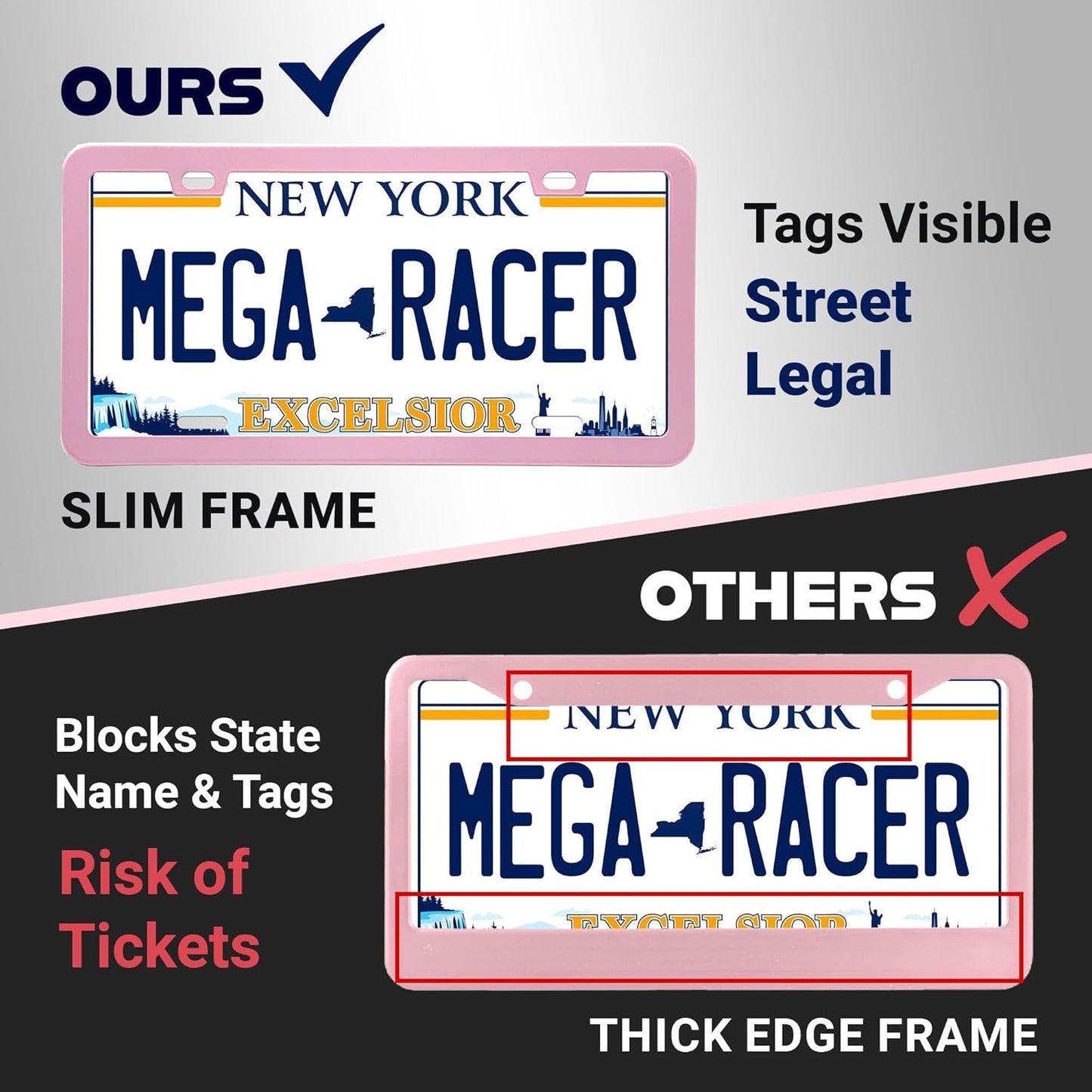 Premium Princess Pink License Plate Frame – 1 Pack, Rust-Free Stainless Steel, Street Legal & Rattle-Free, Universal Slim Design with Screw Covers, Durable Car Tag Holder for Women, Cute & Girly Gift