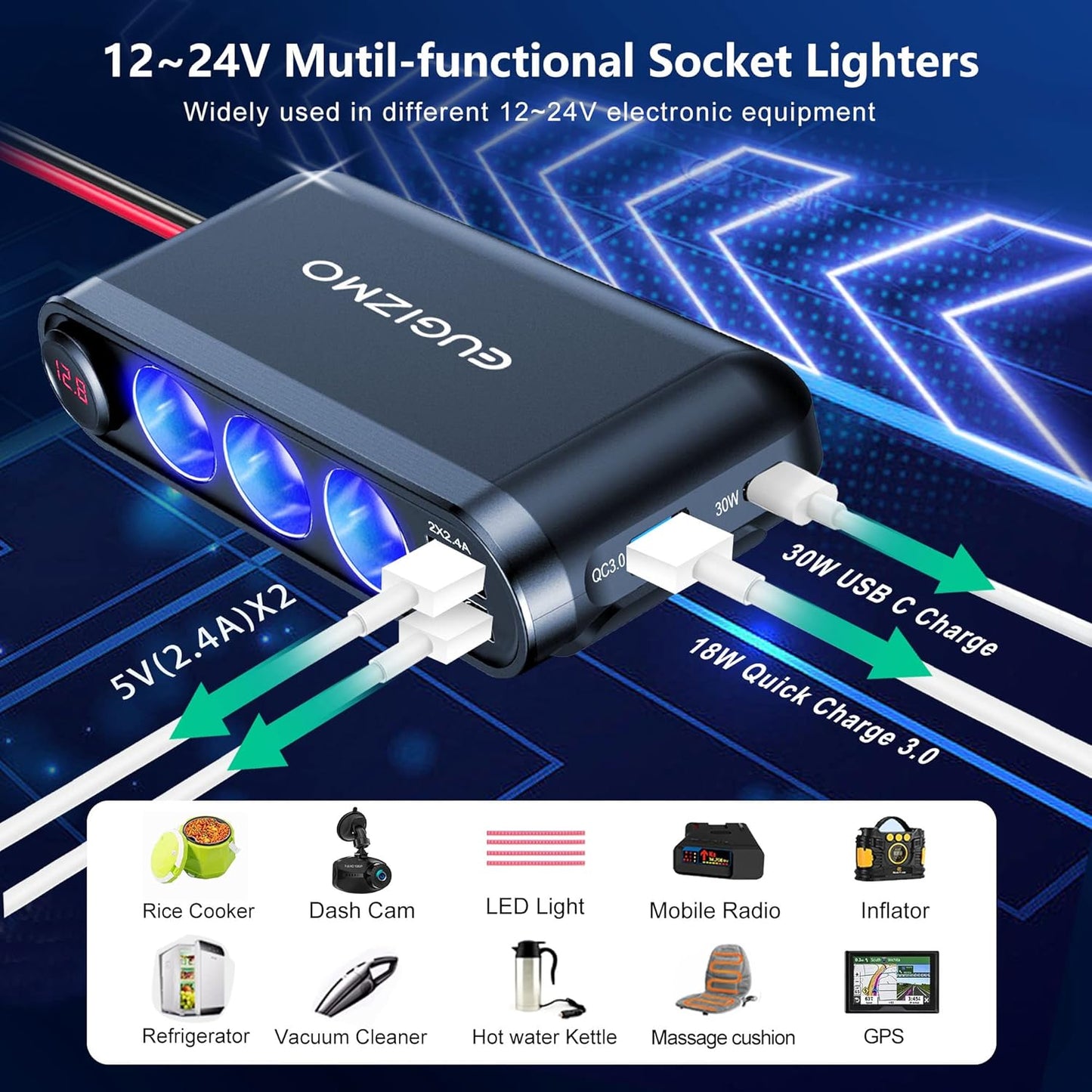 12V Cigarette Lighter Socket Splitter, 200W 3 Socket Multi Port Car Cigarette Lighter Adapter Plug Splitter USB Charger Auxiliary 12 Volt Power Outlet with Eyelet Terminal