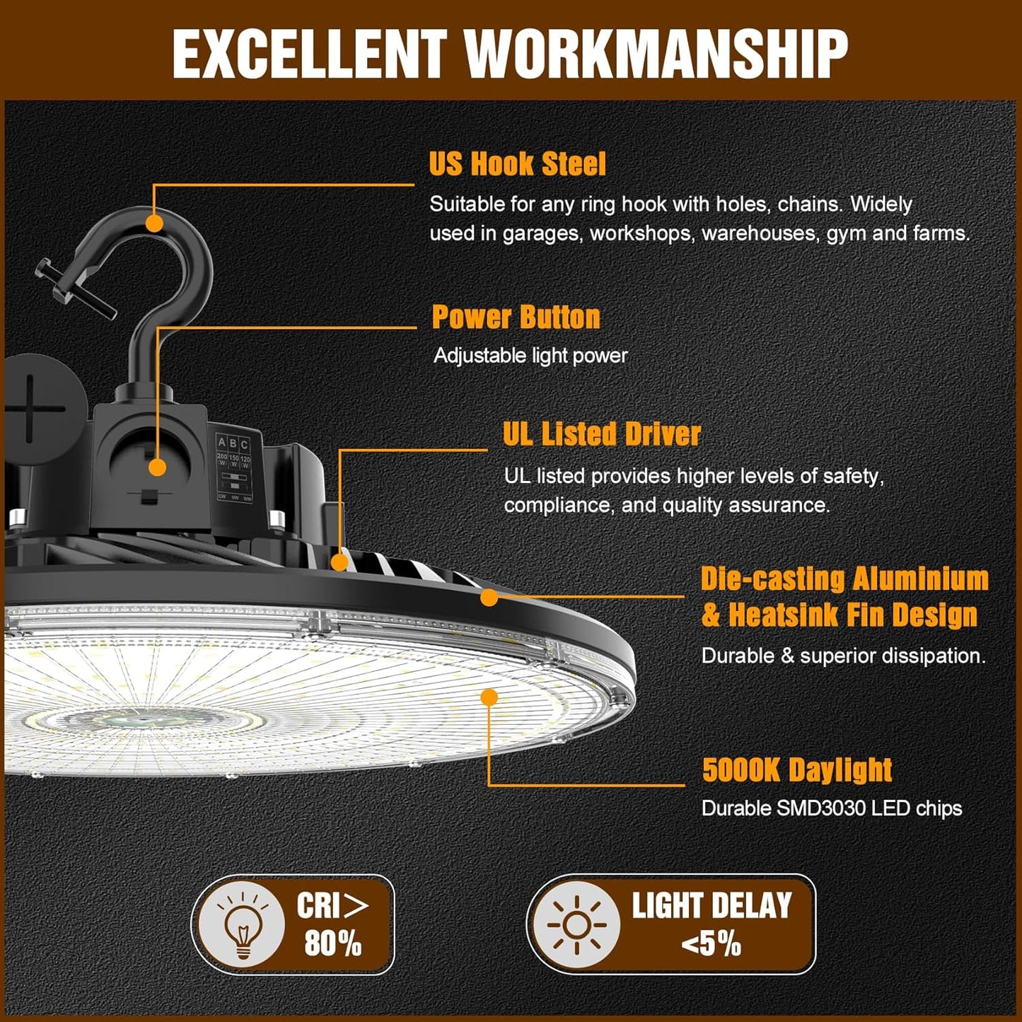 6 Pack 480V LED High Bay Light UL DLC Listed UFO Light 300W 240W 200W Adjustable, Dimmable High Bay LED Shop Lights 5000K Daylight, IP65 Commercial Bay Lighting for Warehouse Factory