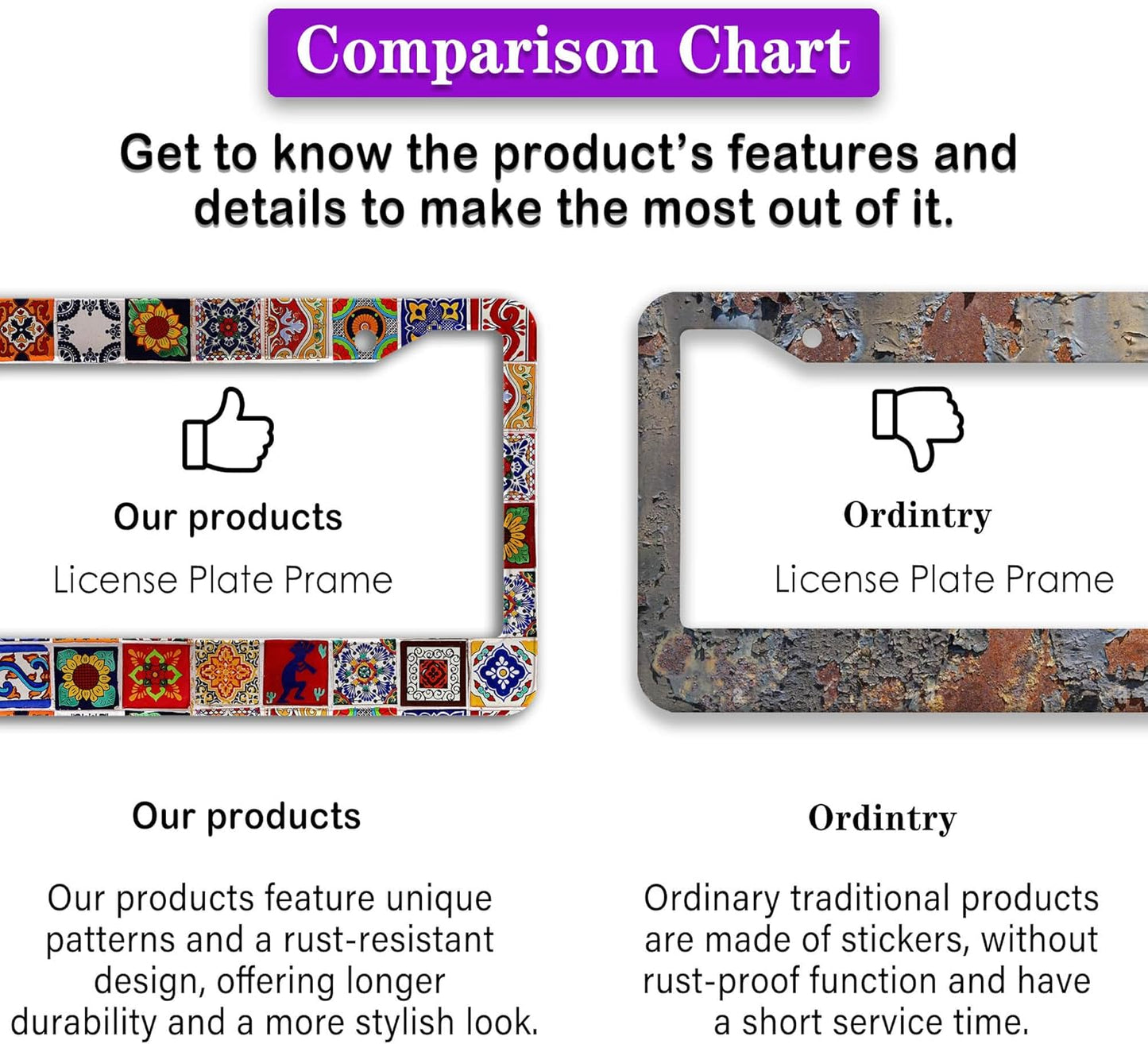 License Plate Protector for Women Multicolor License Plate Frames for Men Mexican Tiles Universal Aluminum Car Accessory 2 Pack with Screw Covers Set