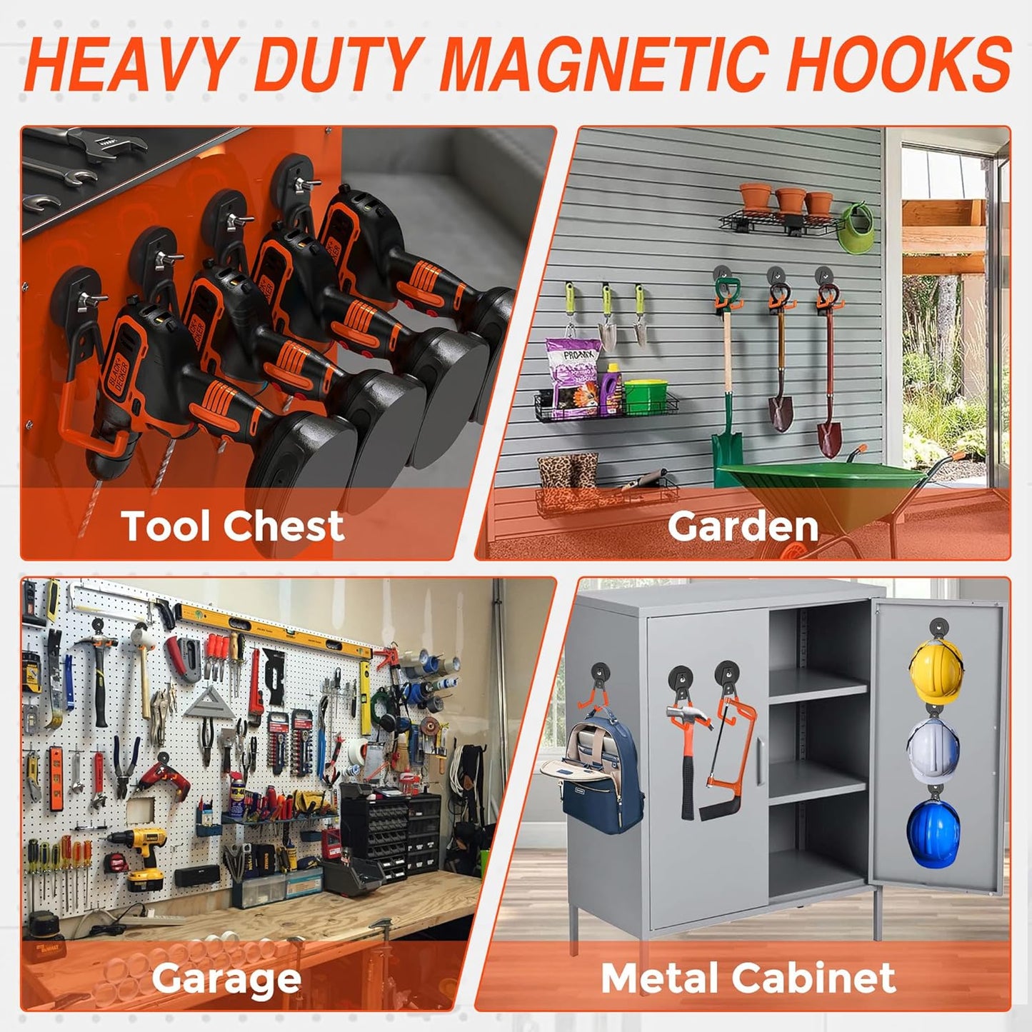 4Pcs Magnetic Hooks Heavy Duty, Large Strong Magnetic Storage Hook for Hanging Garage Tool, 66mm Magnet Hooks with Anti-Slip Coating, Magnetic Holder for Power Drill/Metal Cabinet/Garden Tools