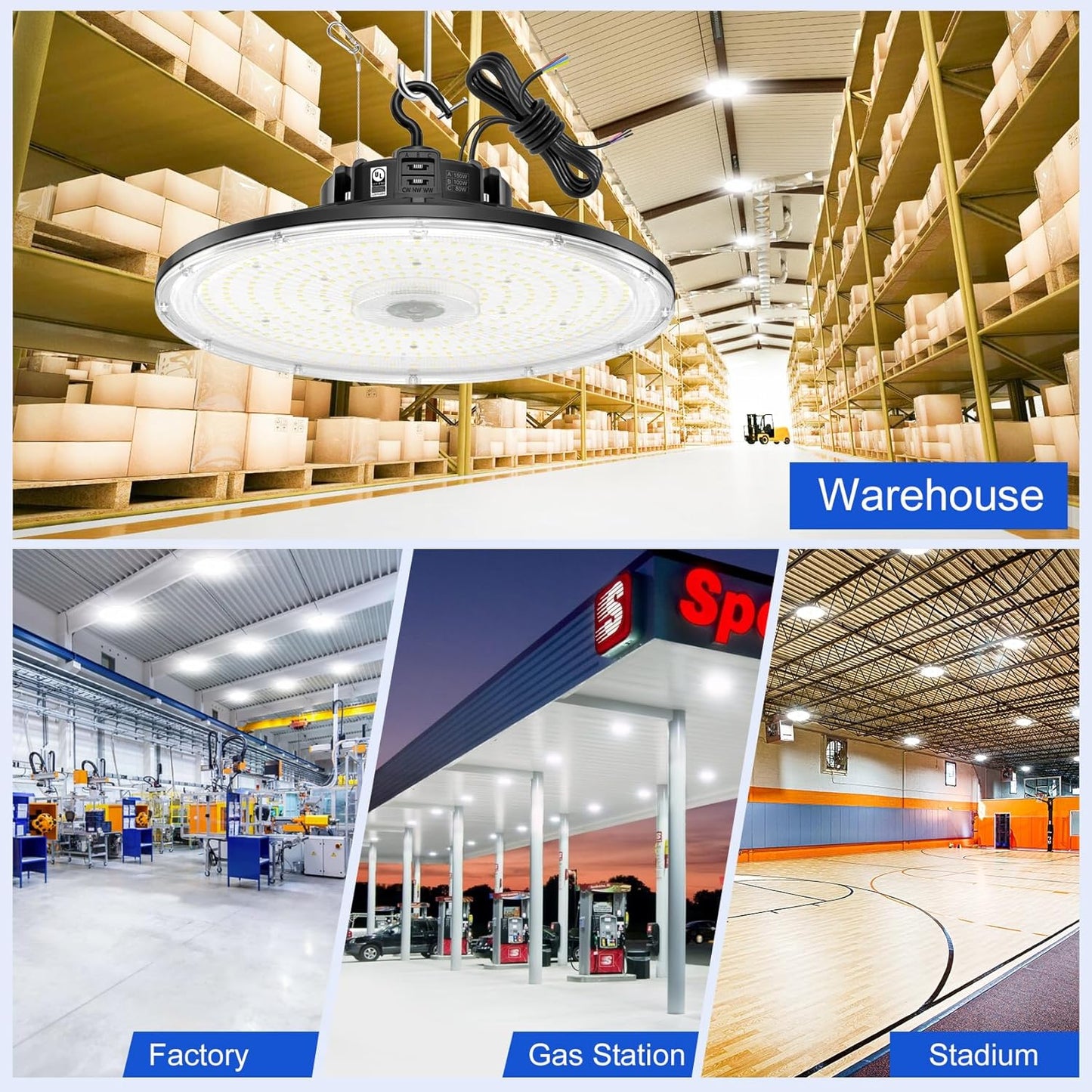 UFO LED Low Bay Light 4000K 80W 100W 150W 21,000Lumen 3000K Highbay UFO Lights for Workshop Garage Warehouse Lighting Fixture DLC UL Listed AC100-277V Input, 5000K High Bay LED Shop Lights Diammable