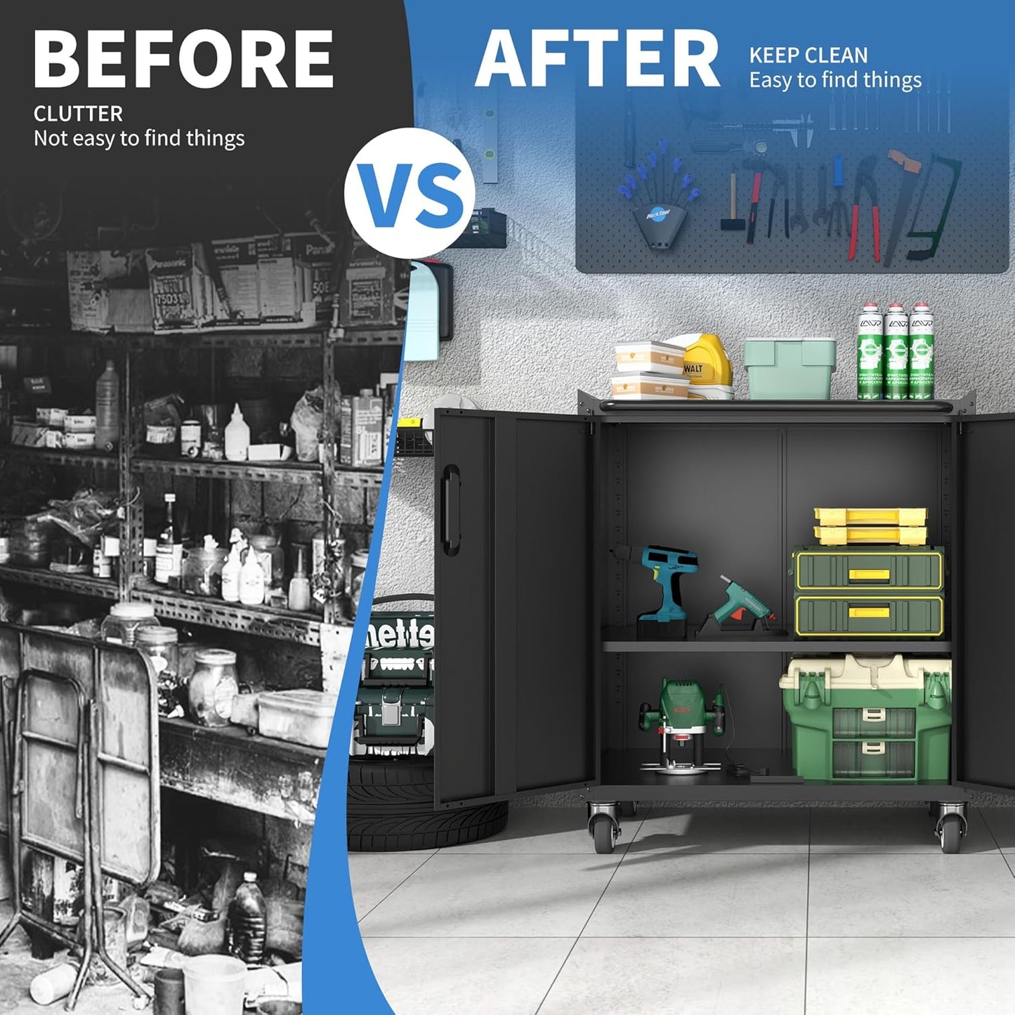 Metal Storage Cabinet with Wheels, Lockable Garage Cabinet with Doors and Shelves, Rolling Tool Storage, Assembly Required, Black