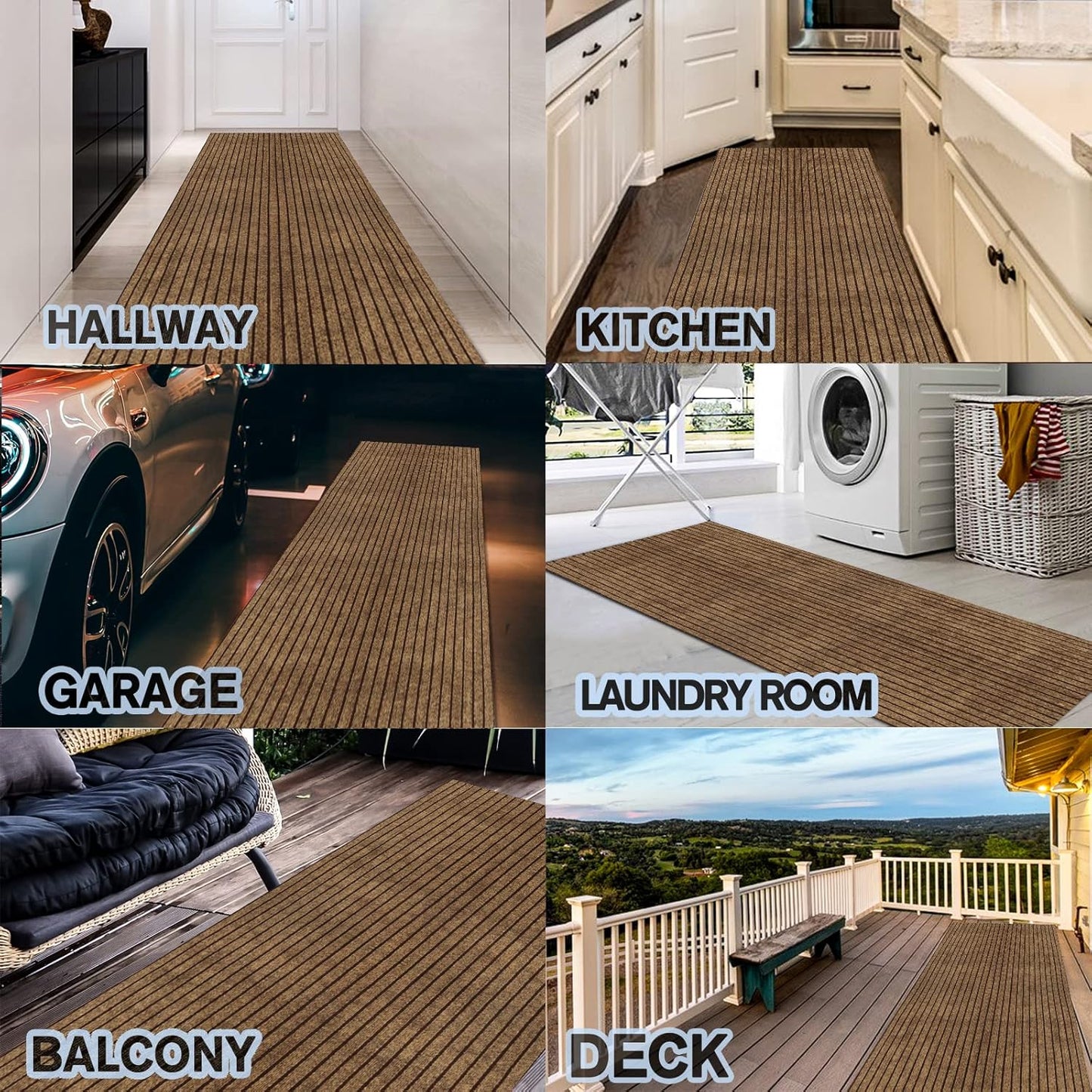 Custom Size Backed Non-Slip Area Rugs Runner, Easy Clean, Waterproof Runner Rugs for Hallway Entryway, Kitchen, Laundry, 3FT x 77FT, Brown Stripe