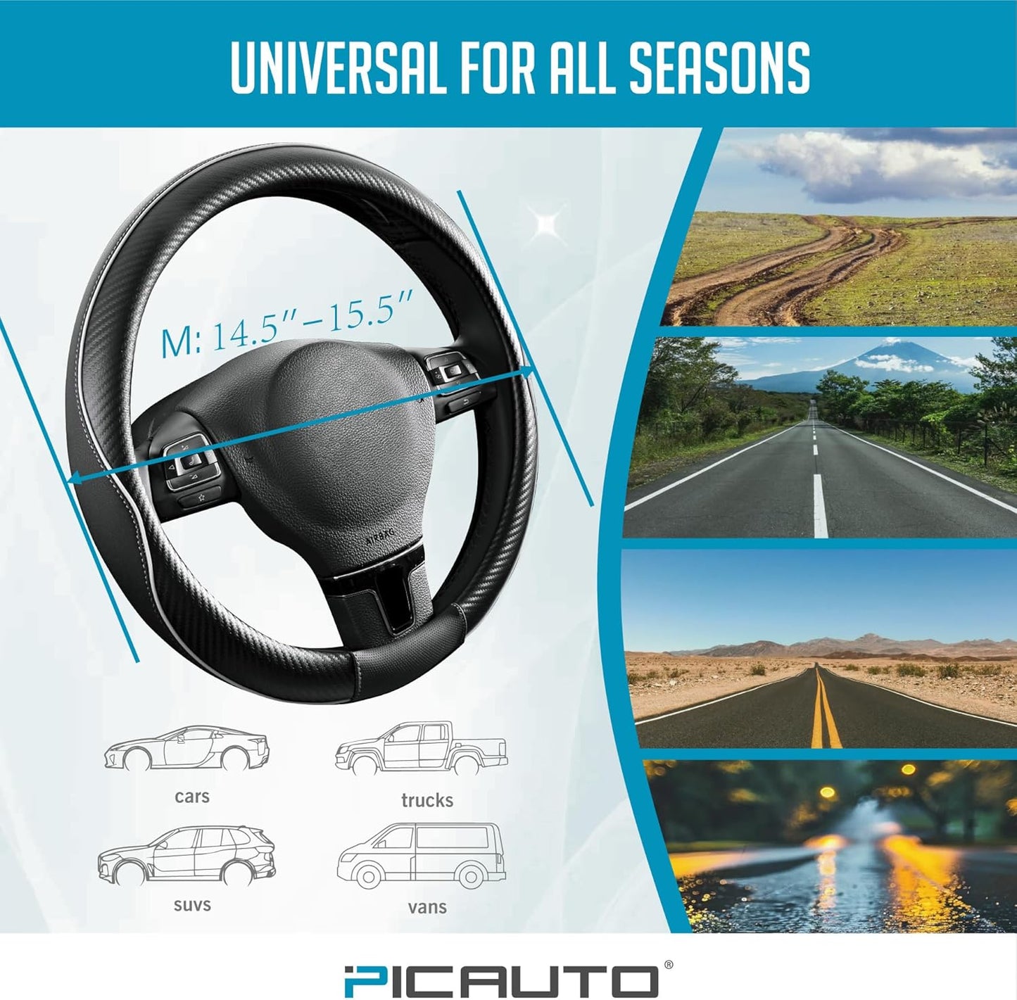 PIC AUTO Steering Wheel Cover, Gray Piping Leather, Sports Carbon Fiber and Super Breathable Leather, Universal 14.5-15.5 Inch Anti-Slip Steering Wheels Accessories for Men & Women