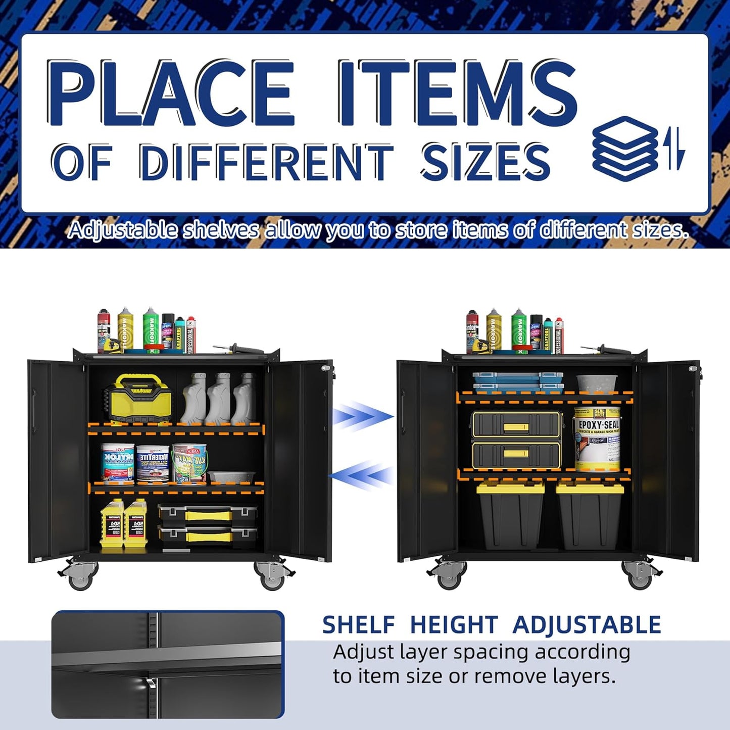 Metal Tool Cabinet,Garage Storage Cabinet System,Wall Cabinet & Locking Rolling Tool Cabinet with Doors and Adjustable Shelves,Steel Tool Cabinets for Home,Office (2 Pcs-StyleB, Black)