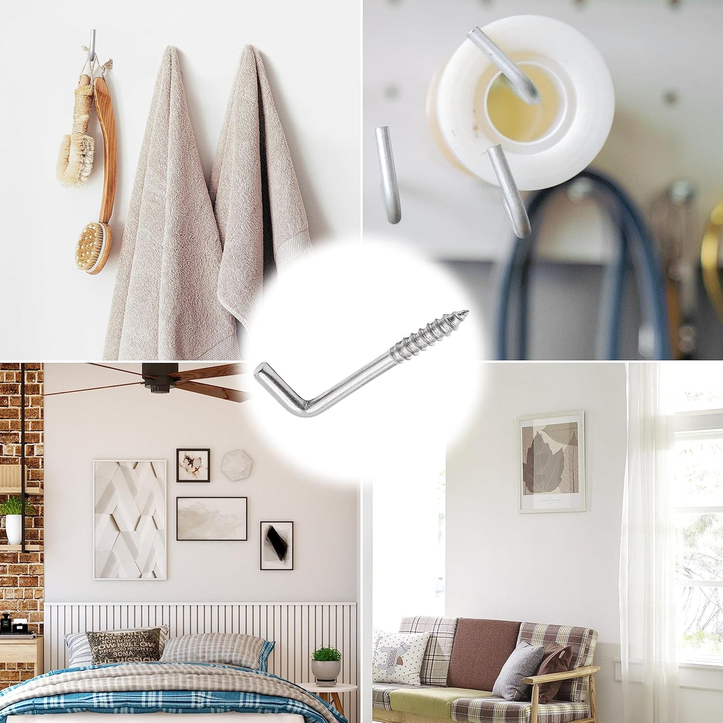 304 Stainless Steel 2 in Screw-in Hooks 60 Pcs,7 Shape Screw Hooks,Right Angle Medal Hooks l Shaped Screw in Hooks for Hanging