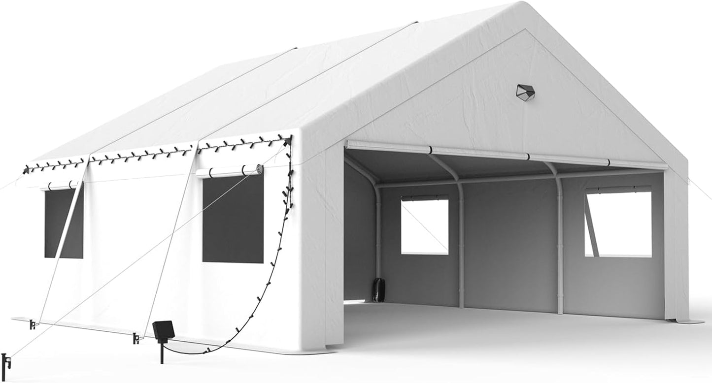 20x20 Carport Canopy, Heavy Duty Car Port, Portable Car Ports Garage with 2 Roll-Up Zipper Drive Through Doors, White