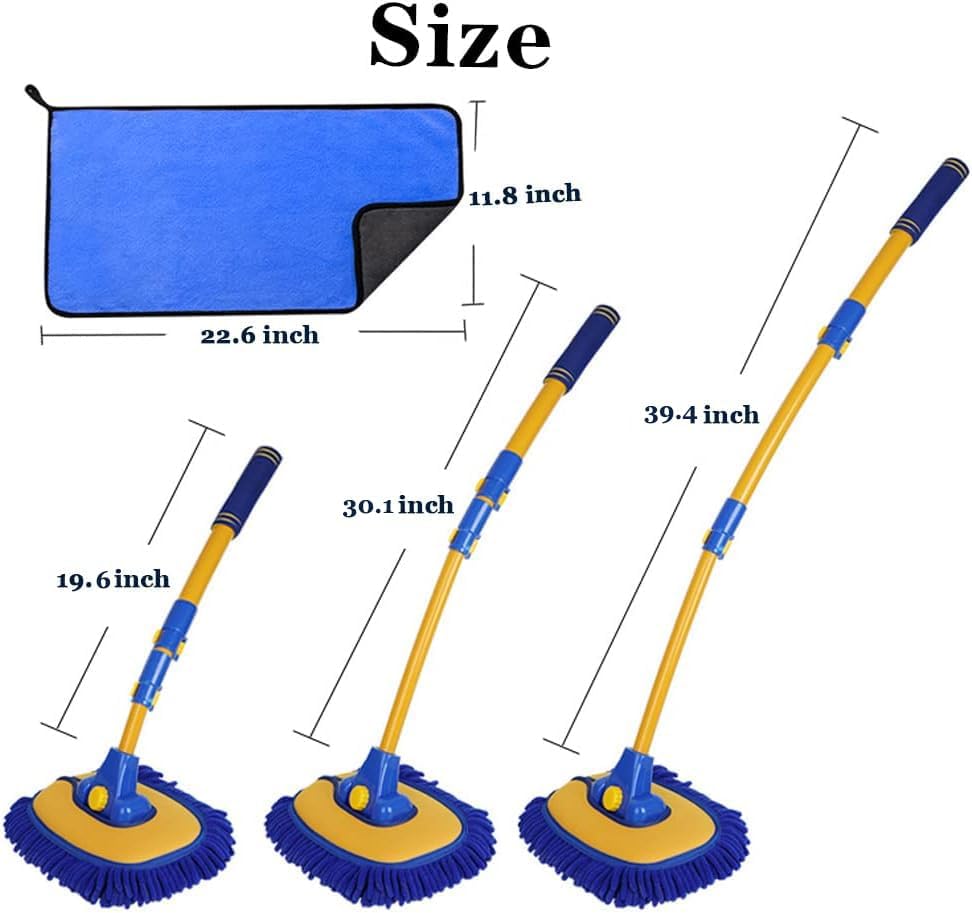 Car Wash Brush With Long Handle, Chenille Microfiber Mop Mitt, 1 Replacement Head, Wheel Brush Extension Pole, Cleaning Kit With Towels for Cars Trucks 5PCS