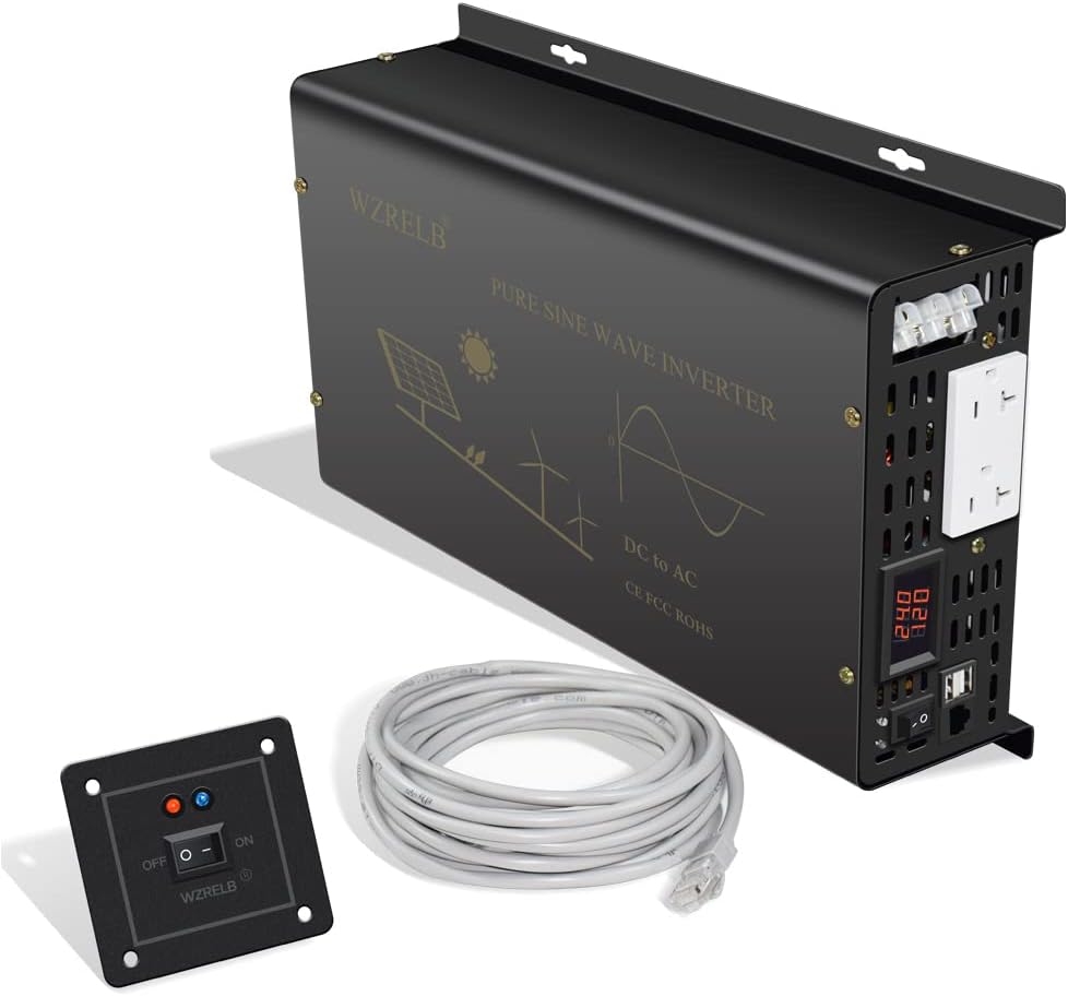 WZRELB Pure Sine Wave Power Inverter 3000W 24VDC to 120VAC 6000W Peak Dual AC Outlets 2× 2.4A USB Port &Hardwire Terminal with 16ft Remote Conrtol Off-Grid Solar Converter RV Trucks (VC300024U5WD-1)