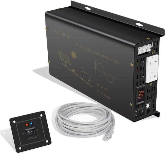WZRELB Pure Sine Wave Power Inverter 3000W 24VDC to 120VAC 6000W Peak Dual AC Outlets 2× 2.4A USB Port &Hardwire Terminal with 16ft Remote Conrtol Off-Grid Solar Converter RV Trucks (VC300024U5WD-1)