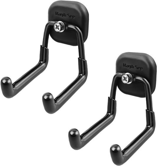 2 Pack Large Magnetic Garage Hooks Heavy Duty, Universal Indoor Outdoor Strong Storage Magnet Utility Tool Organizer Holder with Anti Slip Rubber Coating for Garden Tools,Hose,Cruise,RV,Workshop