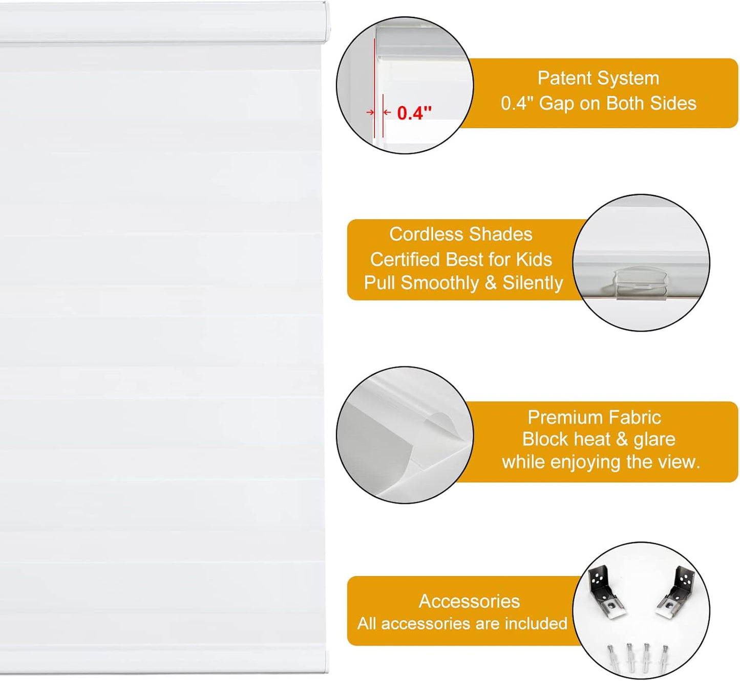 Persilux Zebra Blinds Cordless Blinds & Shades (55" W x 72" H, White) Free Stop Roller Window Shades, Light Filtering Blinds for Windows, Light Control for Day and Night