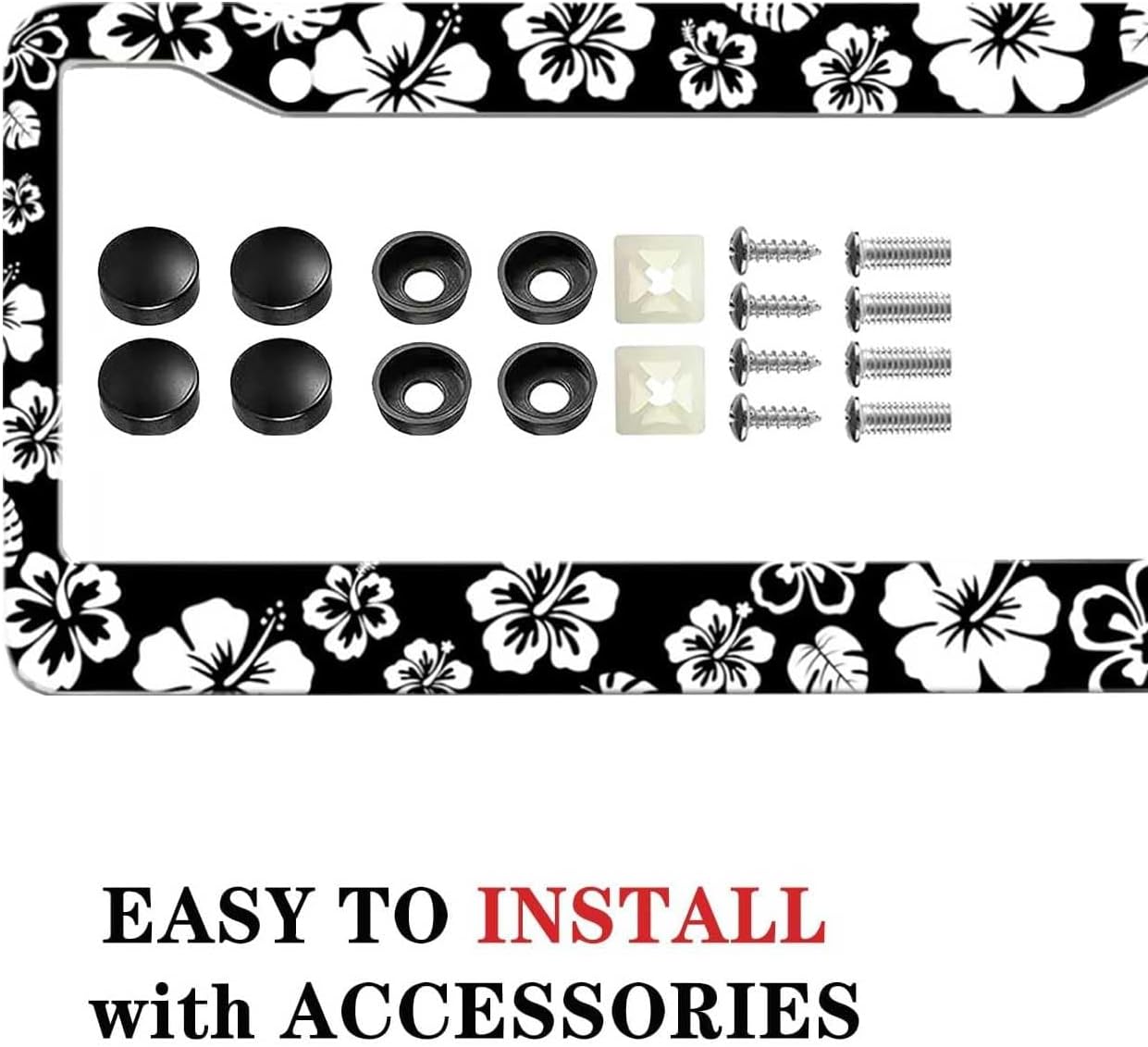 2 Pack Hibiscus License Plate Frame-Rustproof Aluminum White Hibiscus Floral Car Tag Holder Bracket for Women Men, Hibiscus Car Accessories with Screws Included