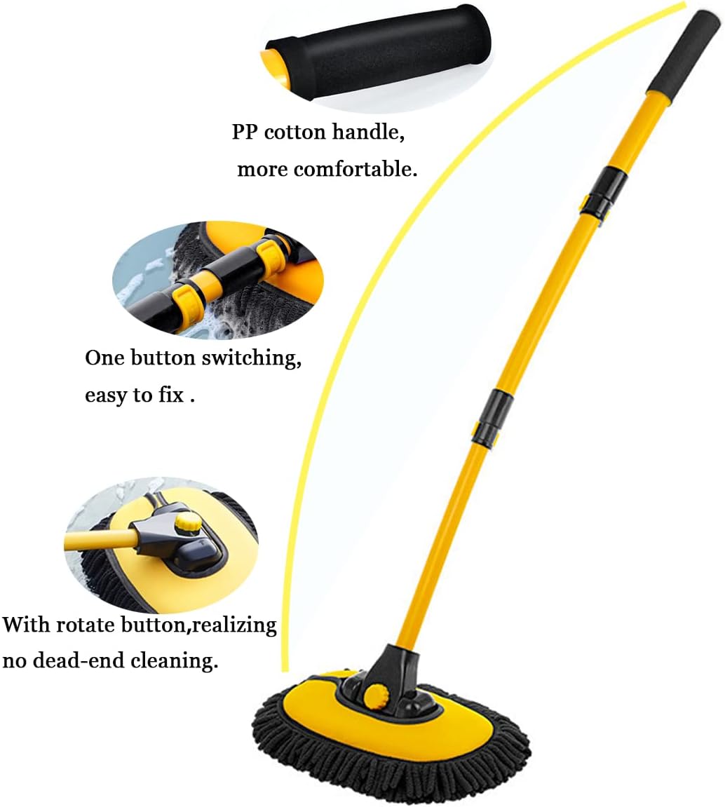 Car Wash Brush with Long Handle, Microfiber Towels Car Wash Kit Cleaning Supplies, Car Wash Mop Mitt with 2 Replacement Head , Extension Pole Car Brush Cleaning Kit for Cars Trucks