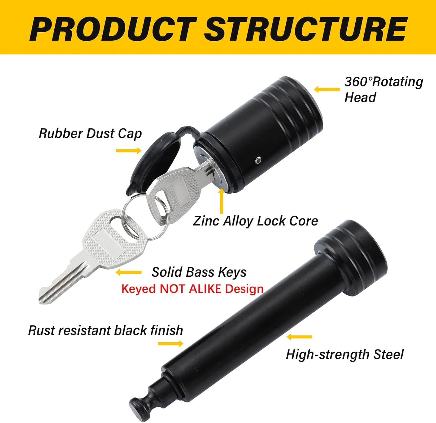 Trailer Hitch Lock, Hitch Lock with 5/8'' Dia Pin Fits 2" Receiver Tubes, for Class III IV 2 Inch Receiver, for Trailer Car Boat, KD 2 Pack