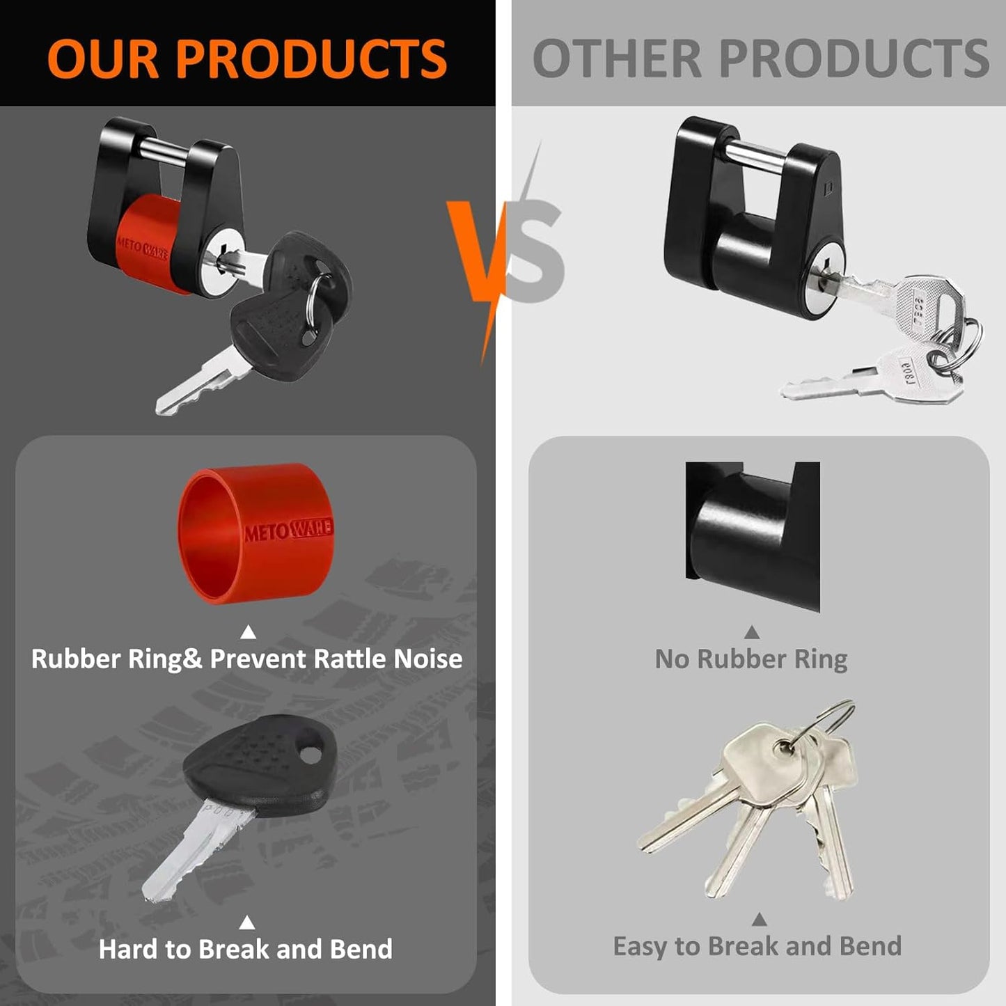 METOWARE Keyed Alike Trailer Coupler Lock, 1/4” Dia, 3/4” Span Heavy-Duty Steel Trailer Tongue Lock for Tow Boat RV Truck Car's Coupler with Anti-Rattle Rubber Rings (4 Pack)