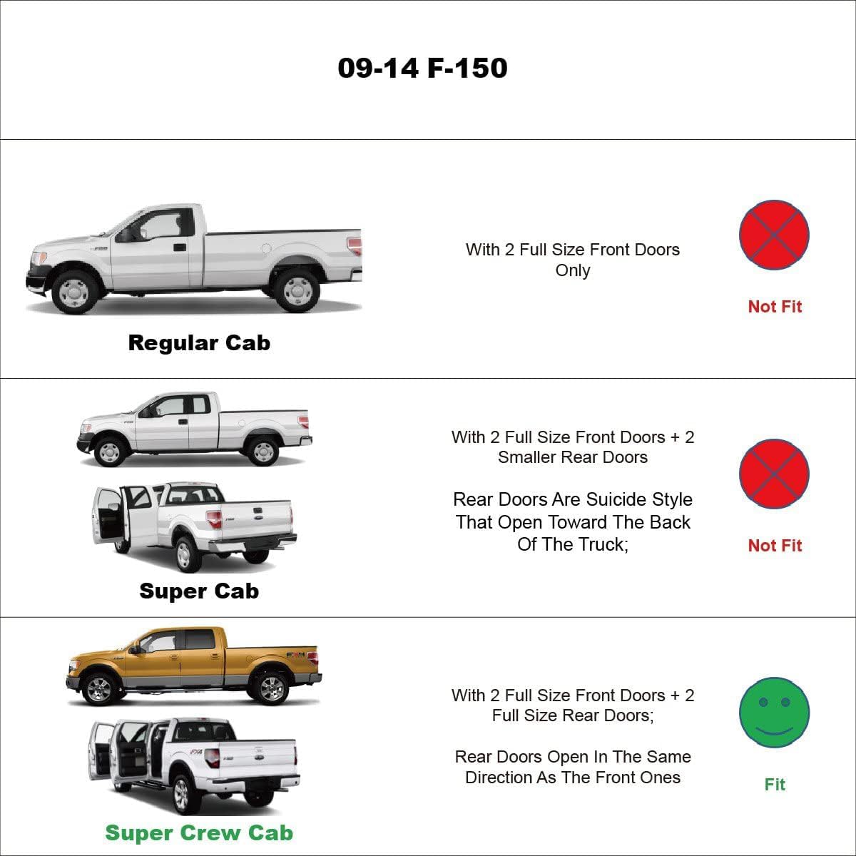 Chrome Side Window Visors Wind Vent Deflector for 2009-2014 Ford F150 Supercrew/Crew cab with 4 Full Size Doors,4pcs Outside Mount Tape-On Chrome Nice Sun Rain Guards Set 94155Y