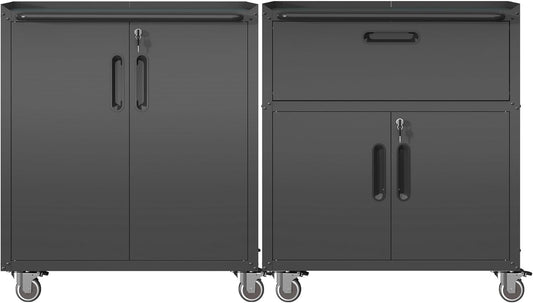 Metal Tool Cabinet,Garage Storage Cabinet System,Wall Cabinet & Locking Rolling Tool Cabinet with Doors and Adjustable Shelves,Steel Tool Cabinets for Home,Office (2 Pcs-StyleB, Black)