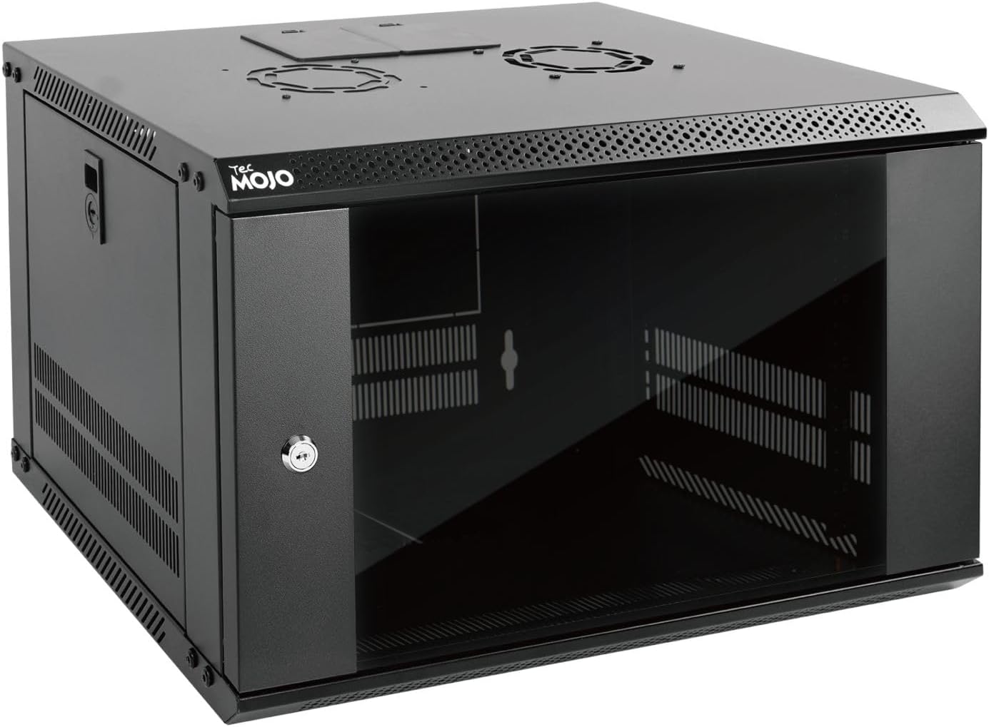 Tecmojo 6U Wall Mount Server Cabinet IT Network Rack Enclosure Lockable Door and Side Panels Black, Cooling Fan, Standard Glass Door, 450mm Depth, for 19” IT Equipment, A/V Devices