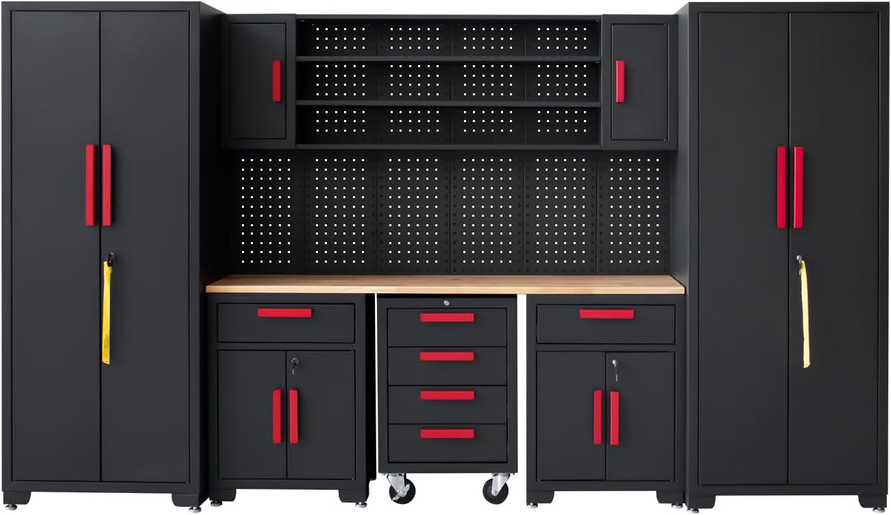 Garage Cabinet Storage System - 9-Piece Workshop Set w/Steel Cabinets & Workbench Includes Rolling Chest & Pegboard | Heavy-Duty Black & Red Tool Organization for Garage/Workshop
