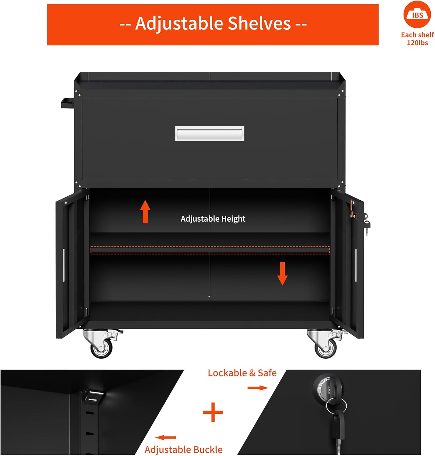 Metal Garage Storage Cabinet with Wheels ，Rolling Toolbox with Lockable Drawer, Utility Cabinet for Home, Office, Garage and Workshop (Black)