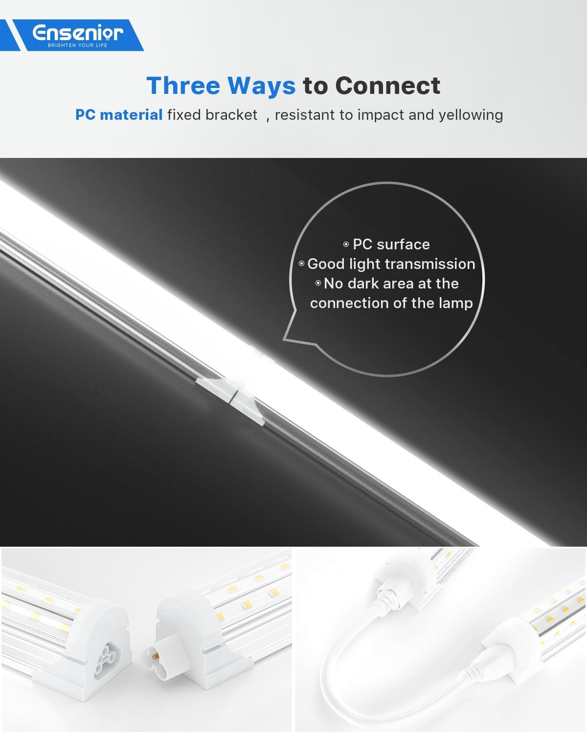 Ensenior 4 Pack 4 FT Led Shop Lights, 6000K Clear White, 5000LM Super Bright, 36W Equivalency 468W, Commercial Bay Lighting, U-Shaped Linkable Shop Lights Plug in for Garage, Workshop, FCC Certified