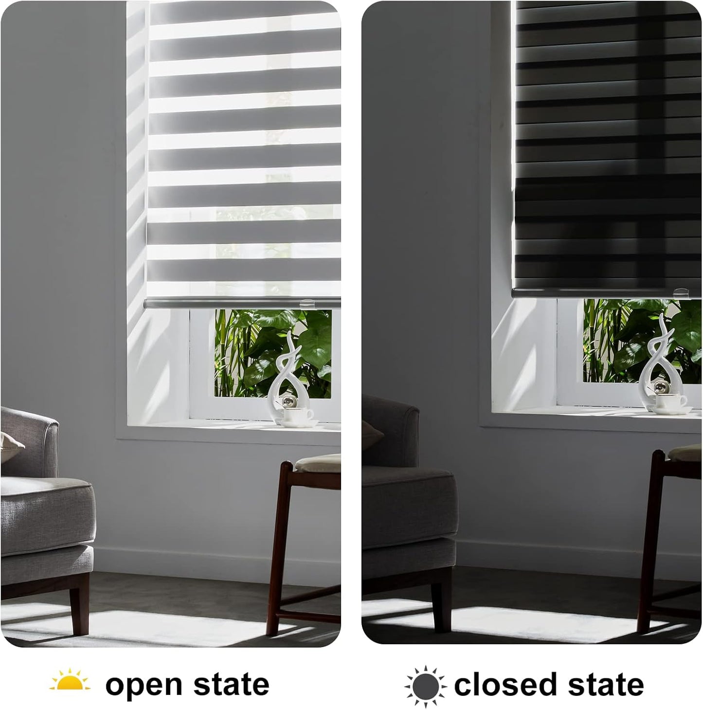 Persilux Cordless Zebra Blinds for Windows (46" W X 64" H, Grey) Free-Stop Windows Shades Dual Layer Light Control for Day and Night, Light Filtering Sheer Shades for Home, Easy to Install