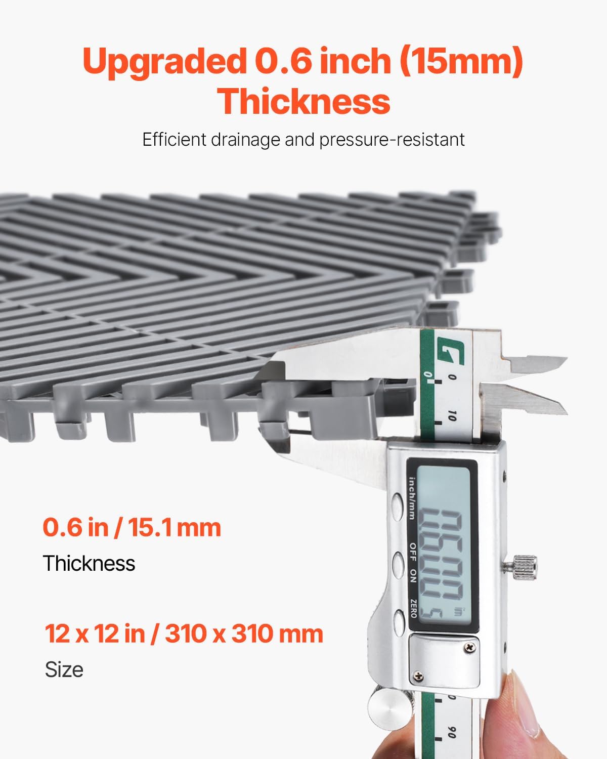 VEVOR Interlocking Drainage Mat, 12” x 12” Modular Interlocking Cushion, 12 Pcs Splicing Drainage Mats, Non-Slip Gray PP Drainage Floor Tile and Shower Mat, for Garage, Garden, Kitchen & Outdoor