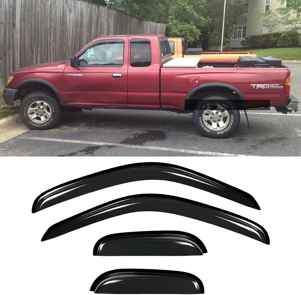 94948 Side Window Wind Deflector,4pcs Outside Mount Style Nice Sun Rain Guards Set,Dark Smoke Window Visor fit for 1995-2004 Toyota Tacoma Extended Cab