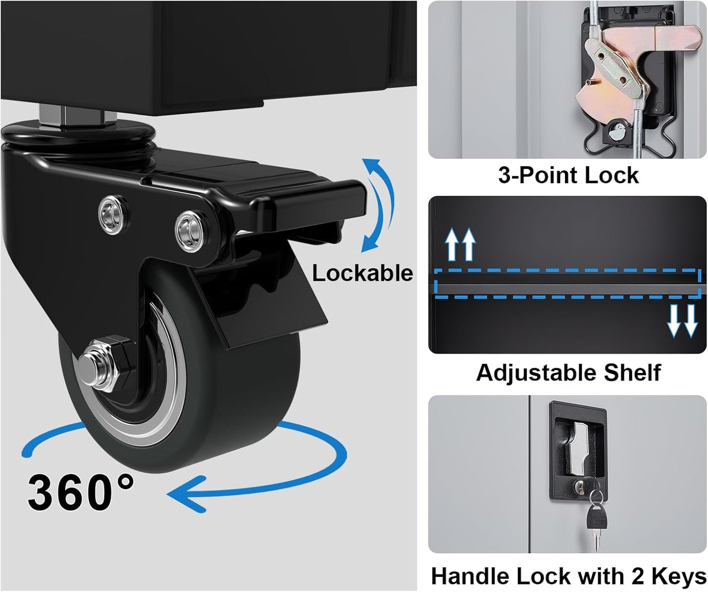 GREATMEET Garage Cabinets with Wheels,Small Storage Cabinet with Doors and Adjustable Shelves，Locking Metal Garage Storage Cabinets for Home Office Utility Room