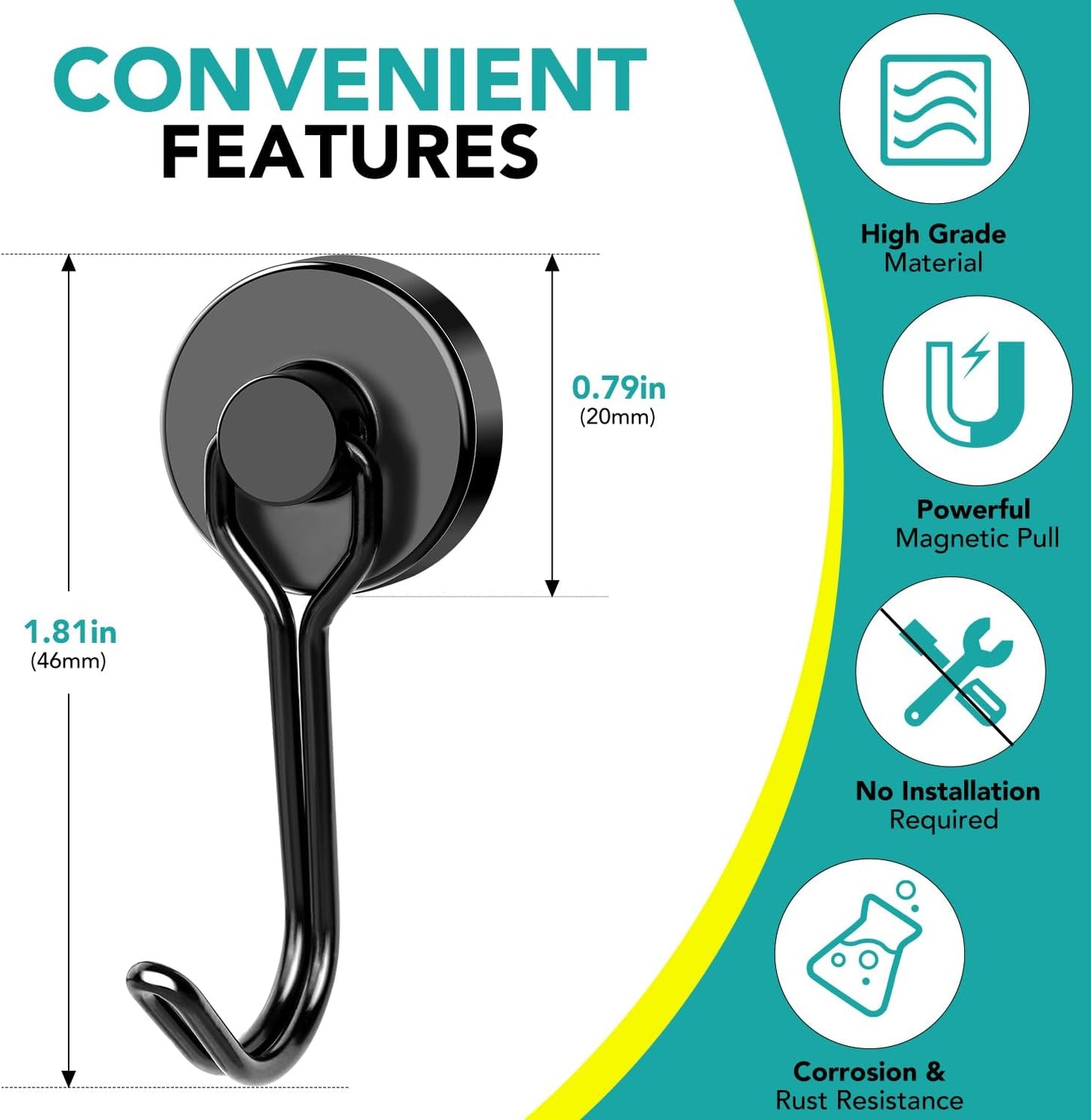 DIYMAG Black Magnetic Hooks, 40LBS Strong Magnetics Heavy Duty, Magnet Hook with Metal Hanger for Hanging Refrigerator Home Kitchen Office, 4Pack