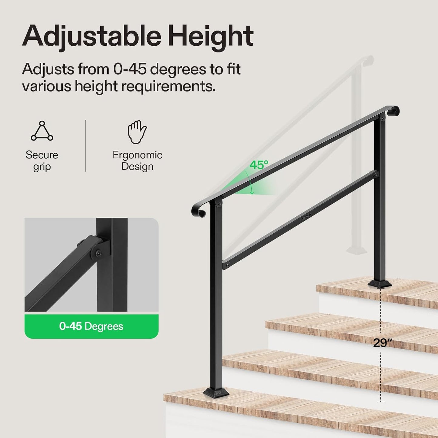 VIVOSUN Outdoor Handrail, 54" x 36" Fits 1-4 Steps, Wrought Iron Stair Railing with Curved Ends, One-Step Assembly, Black