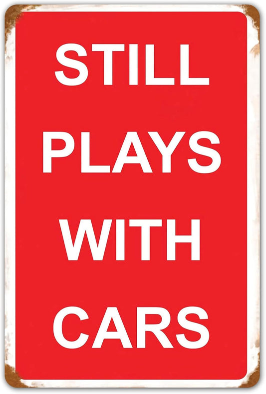 HomDeo Funny Vintage Plays with Cars Metal Sign Garage Man Cave Home Bar Decor 8x12 Inch