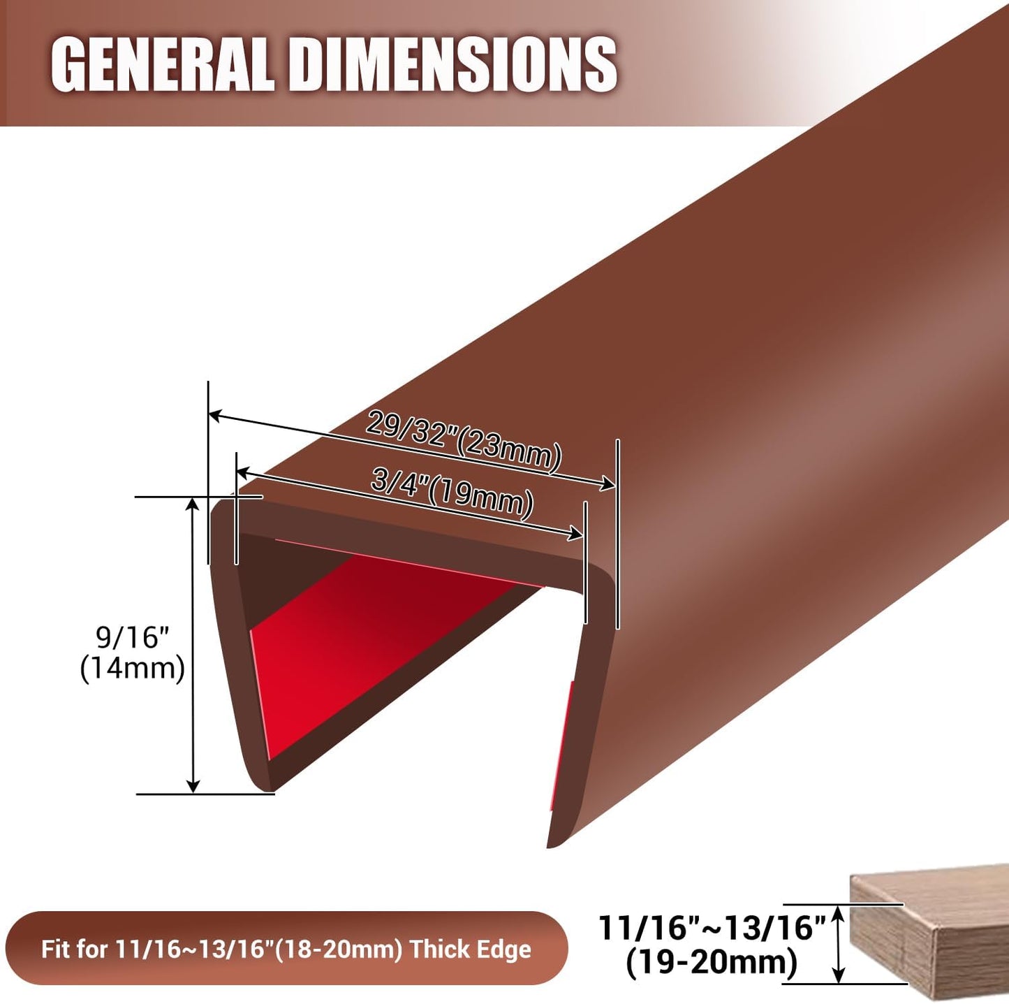 Rubber Edge Trim, Flexible Edge Banding, 3/4"(19mm) U Channel Furniture Edge Protector, Self Adhesive Edge Guards for Plywood, Wood, Glass Parts, 20Ft, Brown Color