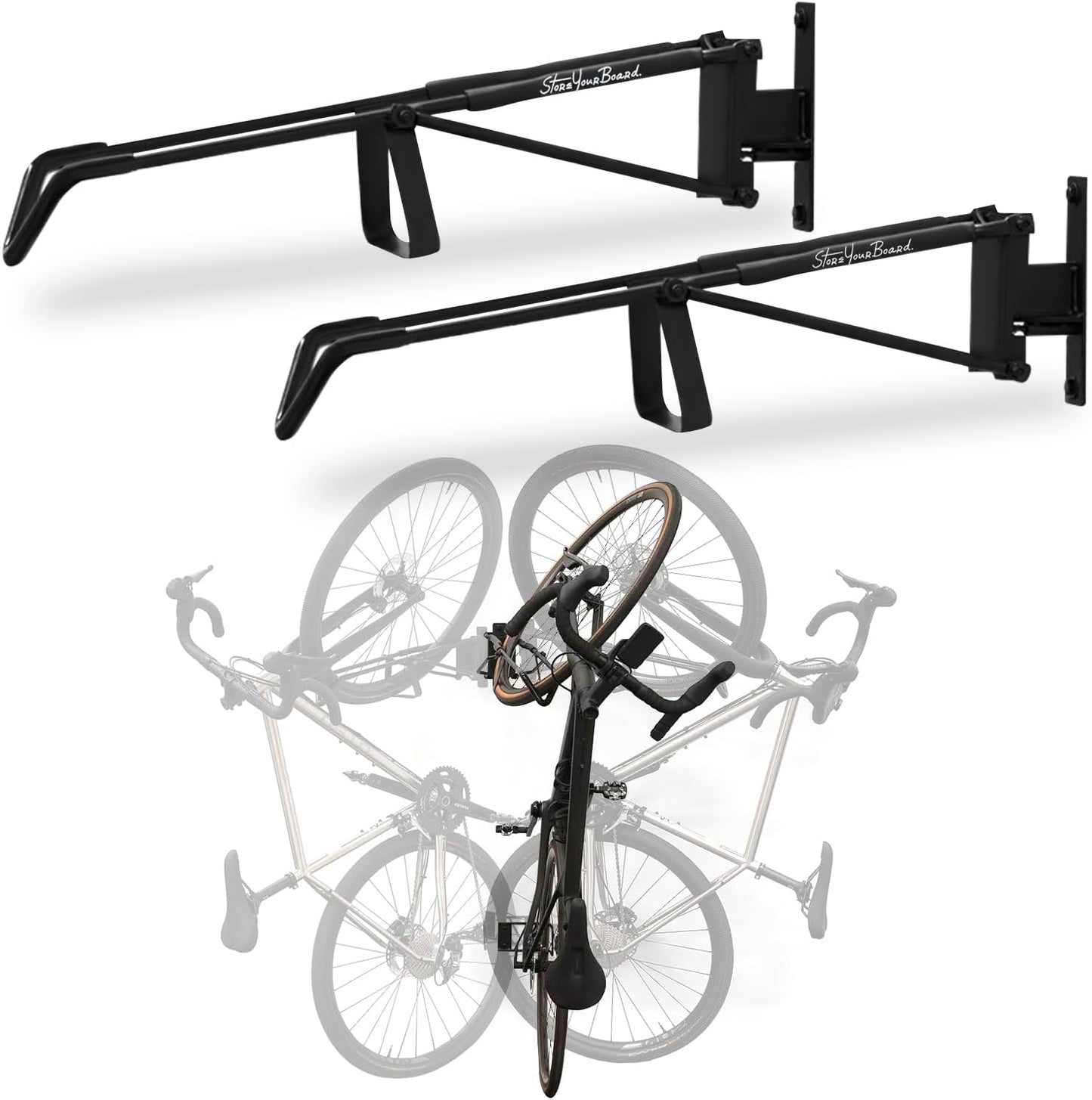 StoreYourBoard SwivelStow Road & Gravel Bike Storage 2 Pack – Heavy Duty Bike Hanger, No-Lift Bike Wall Mount for Garage Bike Storage, Holds 70 lbs, Patent-Pending