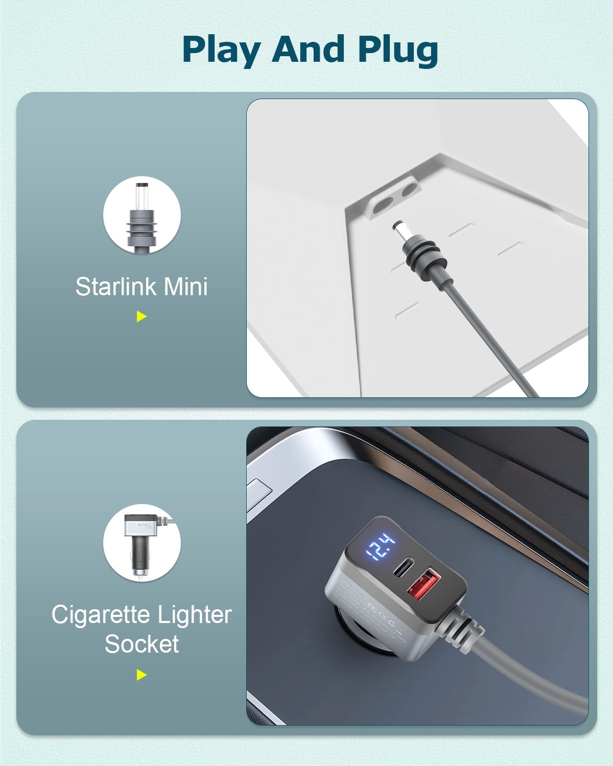 3 in 1 Starlink Mini Cable 12V Adapter 10FT Car Charger for Starlink Mini Power Cable Cigarette Lighter Adapter DC 12V-24V with Digital Display, Durable USB C PD 36W and USB A 18W Port Gray 18AWG 3M