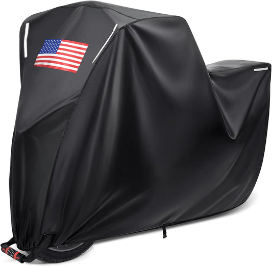Benlari Motorcycle Cover Waterproof Outdoor, Heavy Duty Motorcycle Cover, Universal All Season Protection Night Reflective with Lock-Holes American Flag Fits up to 104" Motorcycles Vehicle Cover