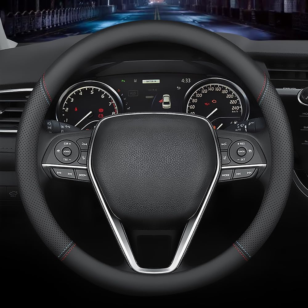 LKWLIKEI Nappa Premium Leather car Steering Wheel Cover, Non-Slip, Breathable, Universal 15 inches (red Blue line)