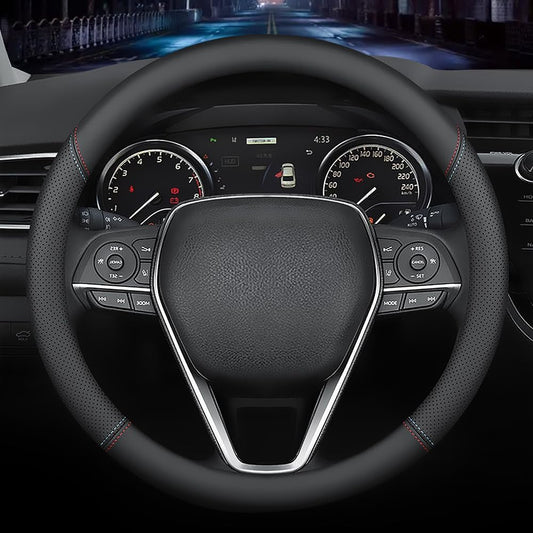 LKWLIKEI Nappa Premium Leather car Steering Wheel Cover, Non-Slip, Breathable, Universal 15 inches (red Blue line)