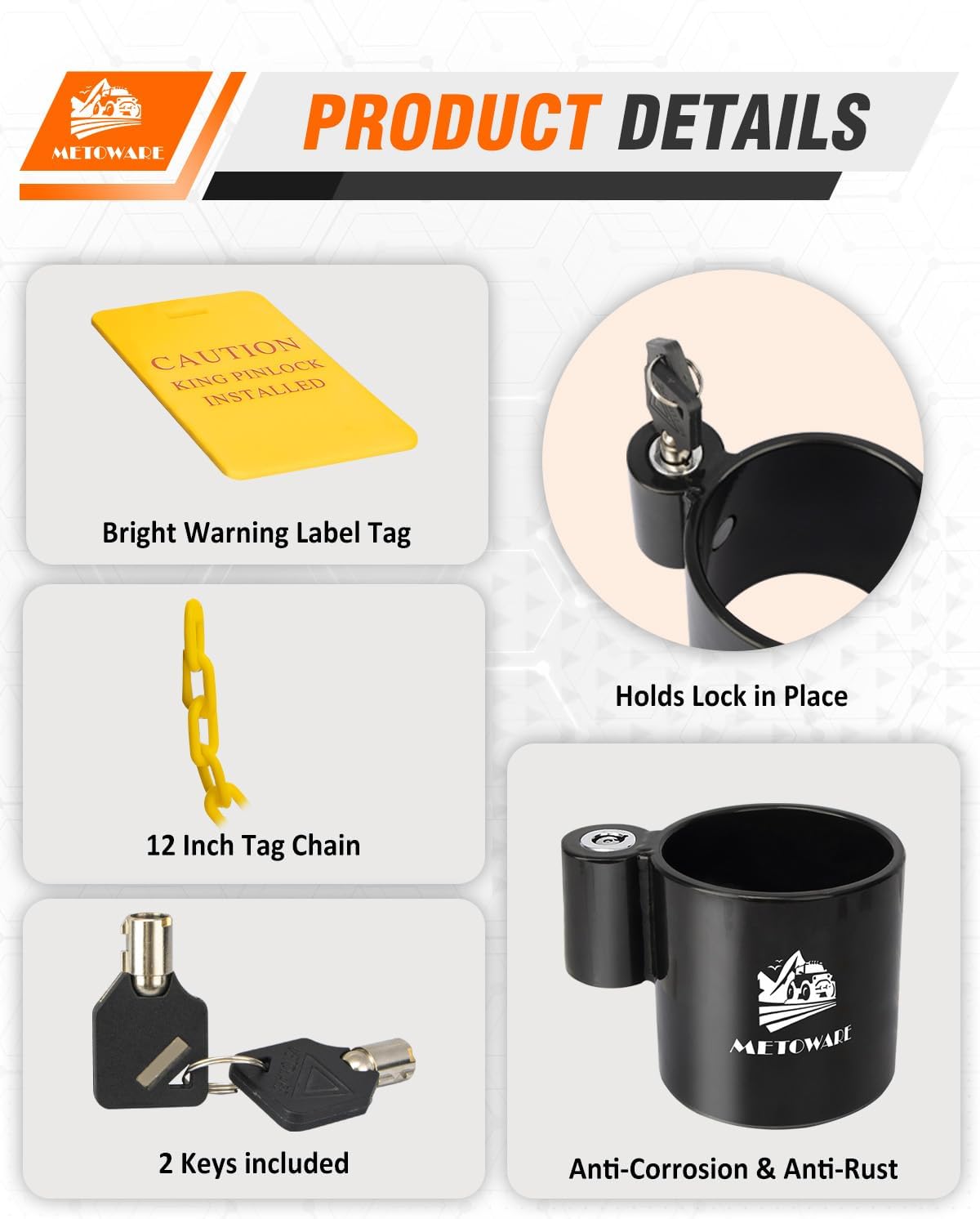 METOWARE 5th Wheel King Pin Lock with Warning Tag for 5th Wheel, RVs, Semi Trailers and Campers (Black)