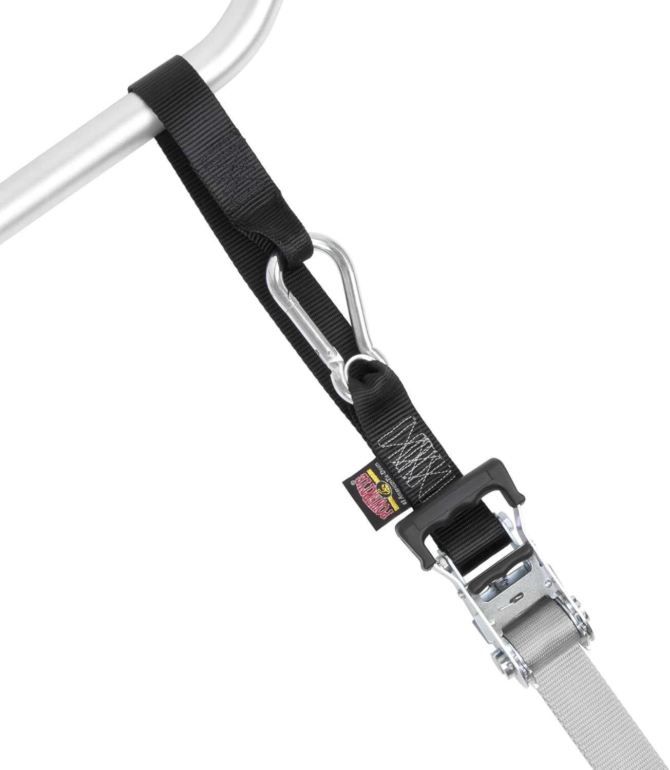 PowerTye - Made in USA - Heavy Duty Ratchet Tie Down Straps with Carabiner Hooks, Soft-Tye & Storage Bag, for Motorcycle, ATV, Trailer & Cargo, 1,000 lb WLL, 1.5 inch x 6.5ft Long, Silver/Black (pair)