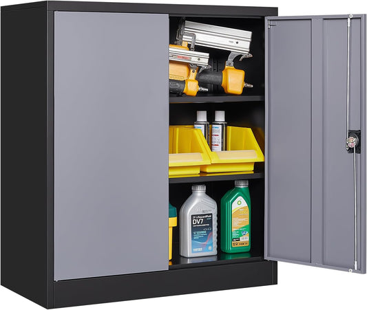 Metal Storage Cabinet, Lockable Storage Cabinet with 2 Doors and Shelves, Metal Cabinet with Lock, Small Lockable Metal Cabinet for Home Office(Black Grey)