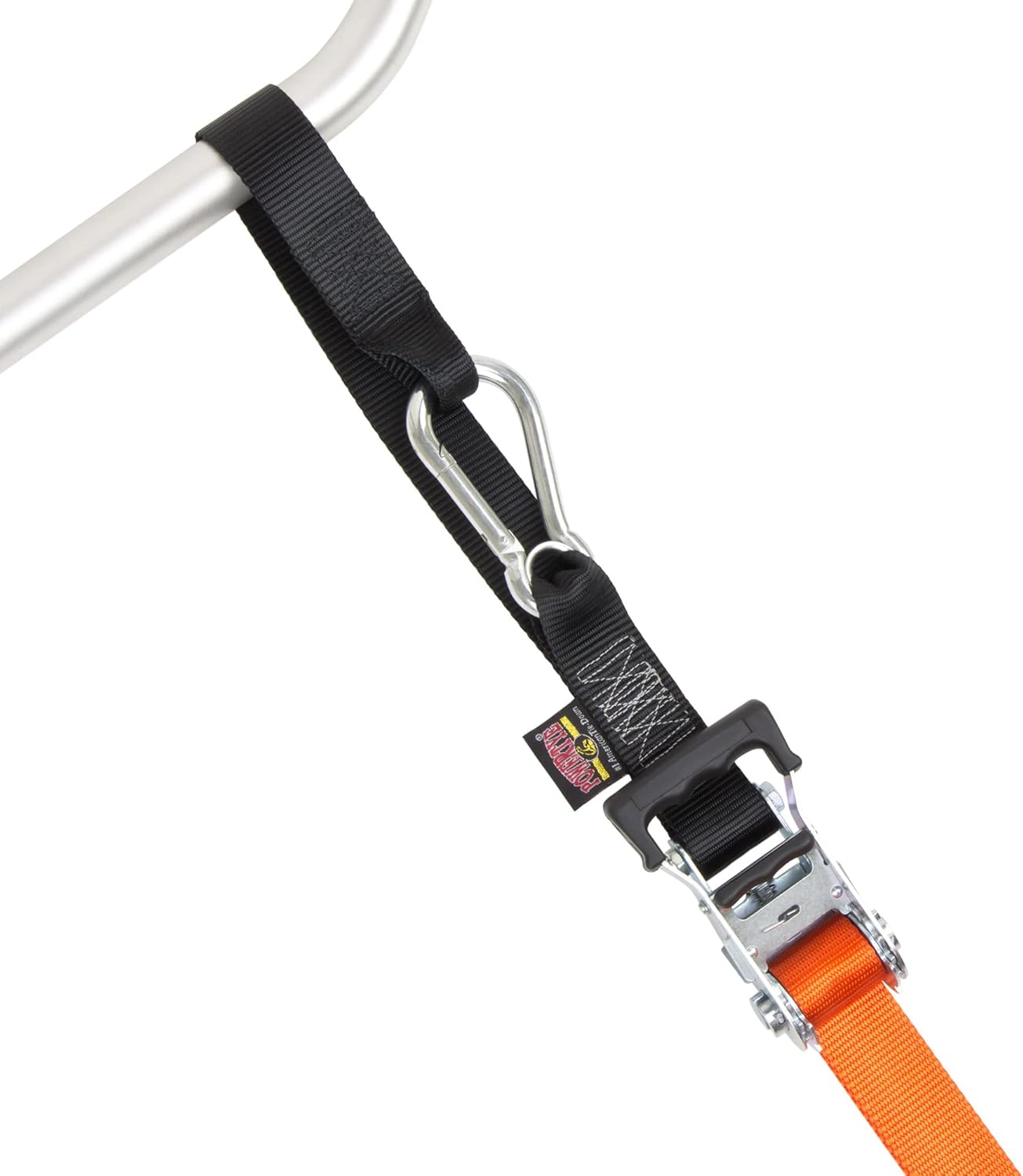 PowerTye - Made in USA - Extra Long Ratchet Tie Down Straps, Heavy Duty with Carabiner Hooks, Soft-Tye & Bag, for Motorcycle, ATV & Cargo, 1,000 lb WLL, 1.5 inch x 10ft Long, Orange/Black (Pair)