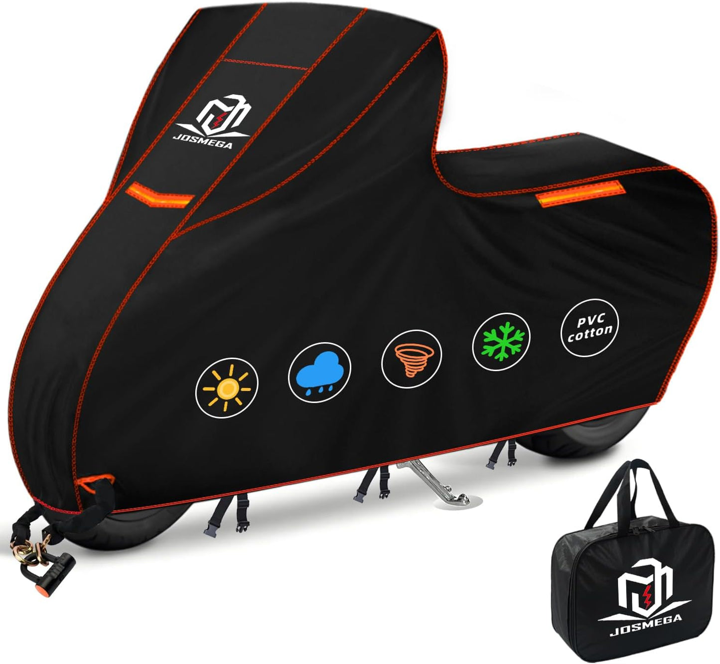 Motorcycle Cover | Heavy Duty PVC | Soft Inner Cotton | Waterproof Outdoor | All Season Universal | 4 Reflective Strips | 3 Windproof Straps | 1 Lock Hole | 1 Storage Bag | (Black, L, 91")